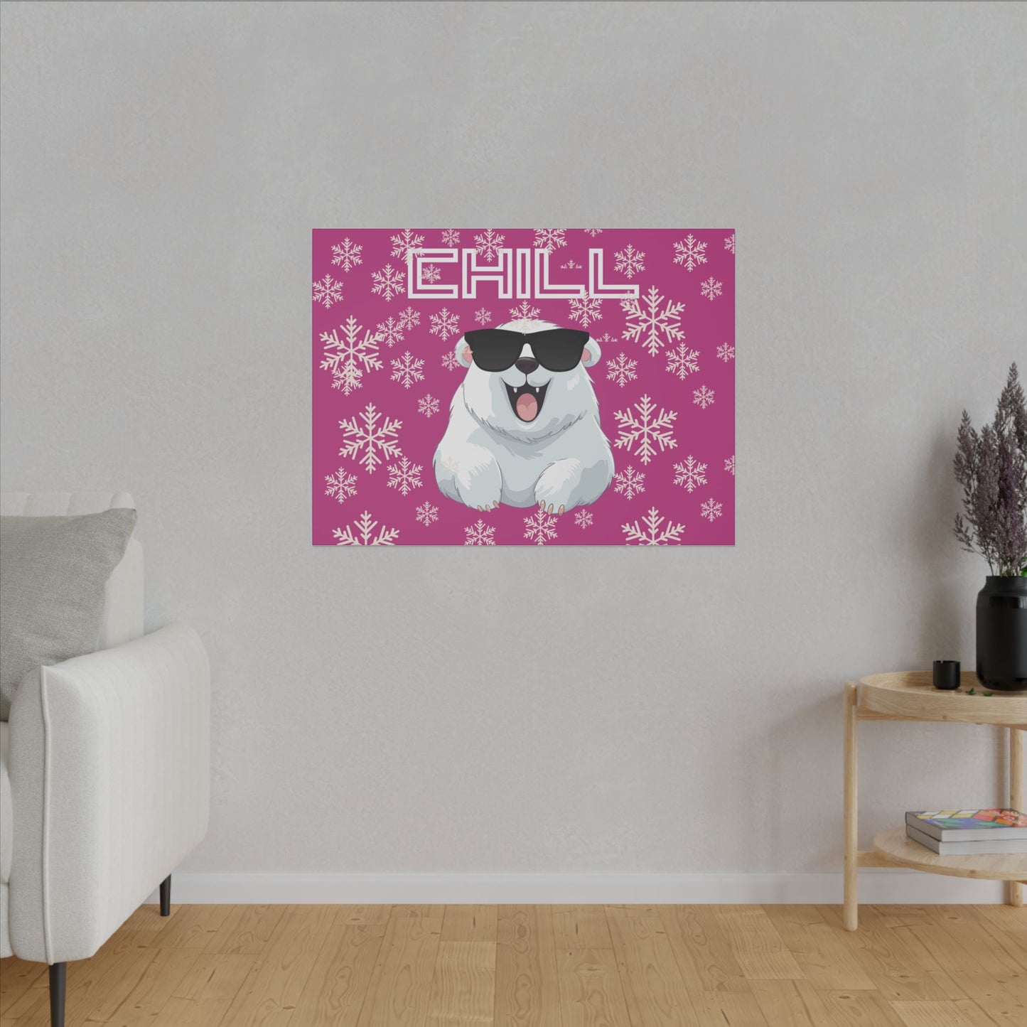 Chill, Polar Bear, Matte Canvas, Stretched 0.75", wall art, snowflakes - pink
