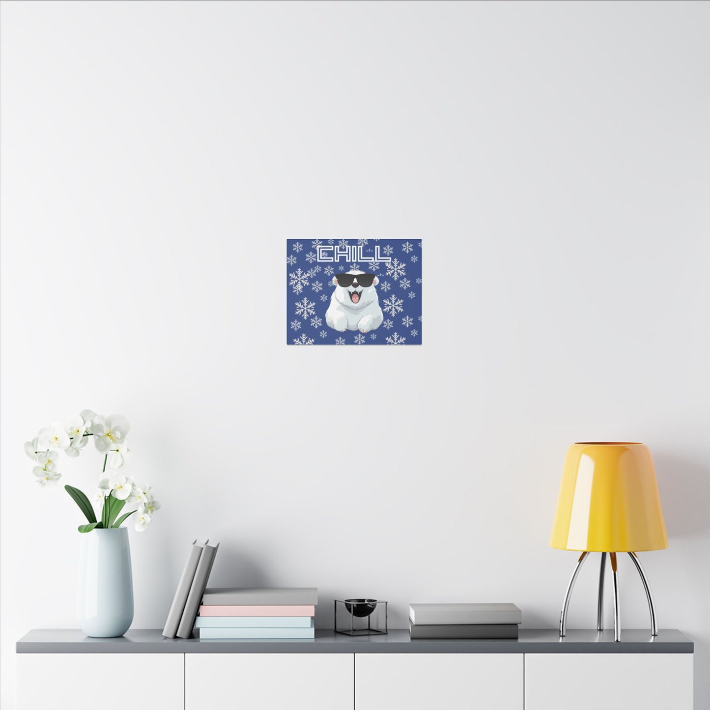 Chill, Polar Bear, Matte Canvas, Stretched 0.75", wall art, snowflakes - blue