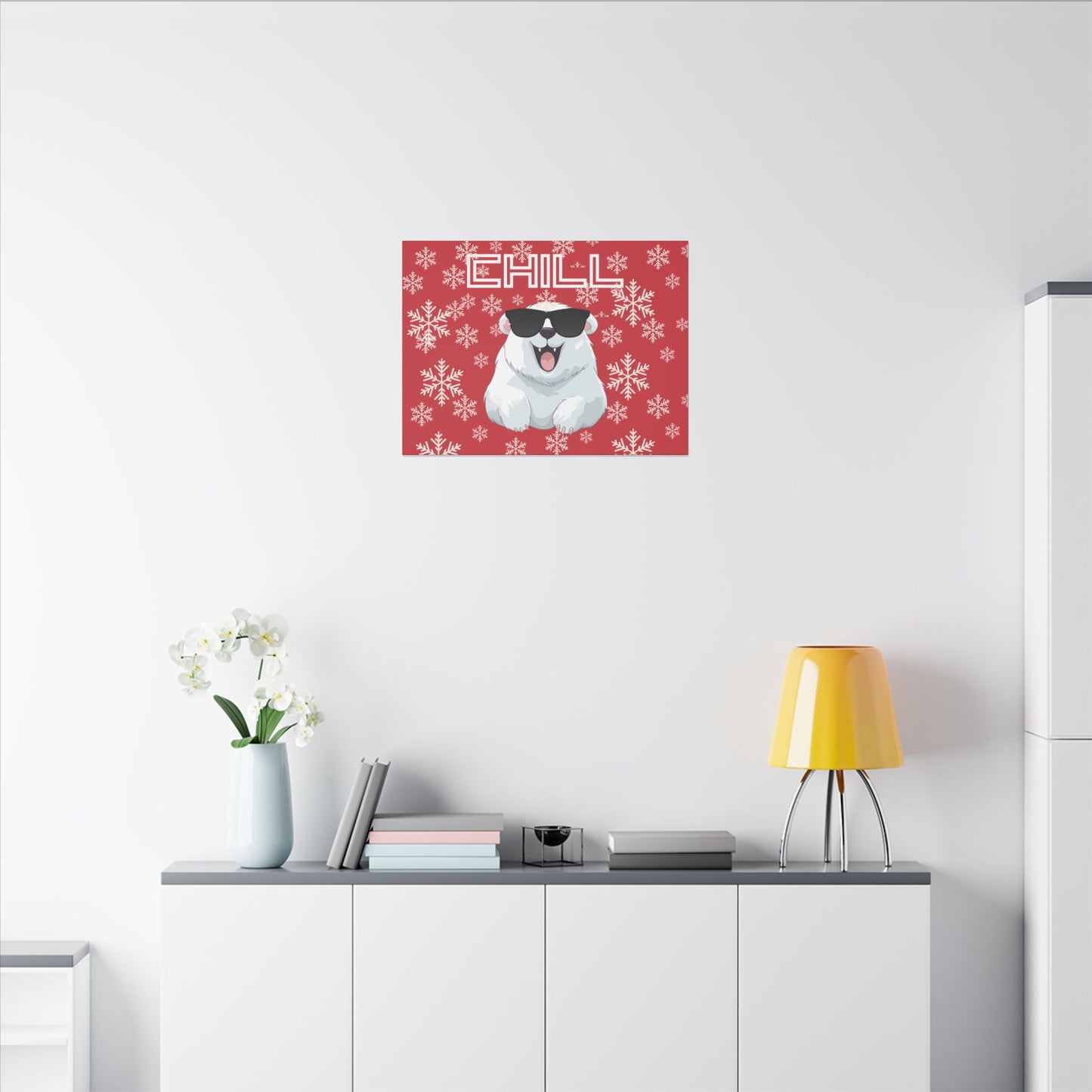 Chill, Polar Bear, Matte Canvas, Stretched 0.75", wall art, snowflakes - red