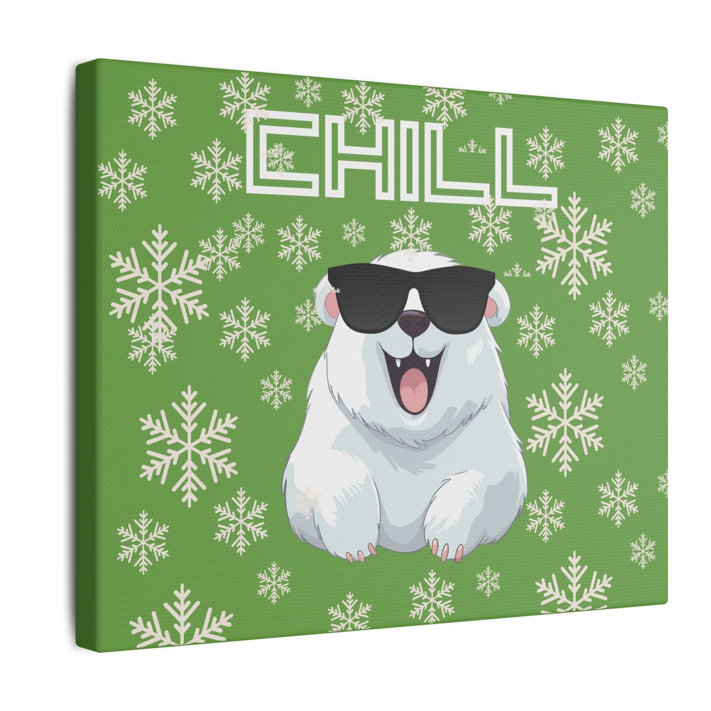 Chill, Polar Bear, Matte Canvas, Stretched 0.75", wall art, snowflakes - green