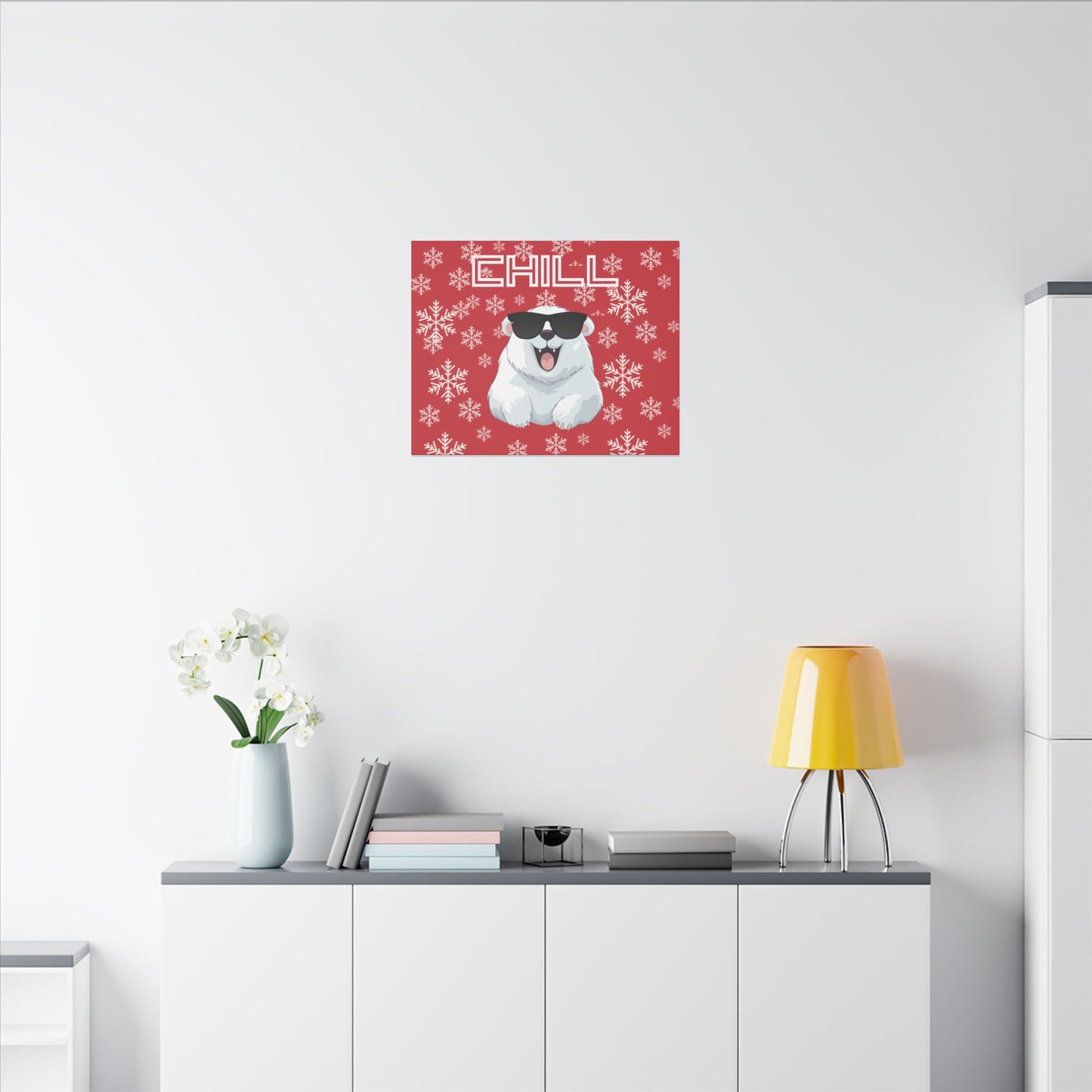 Chill, Polar Bear, Matte Canvas, Stretched 0.75", wall art, snowflakes - red