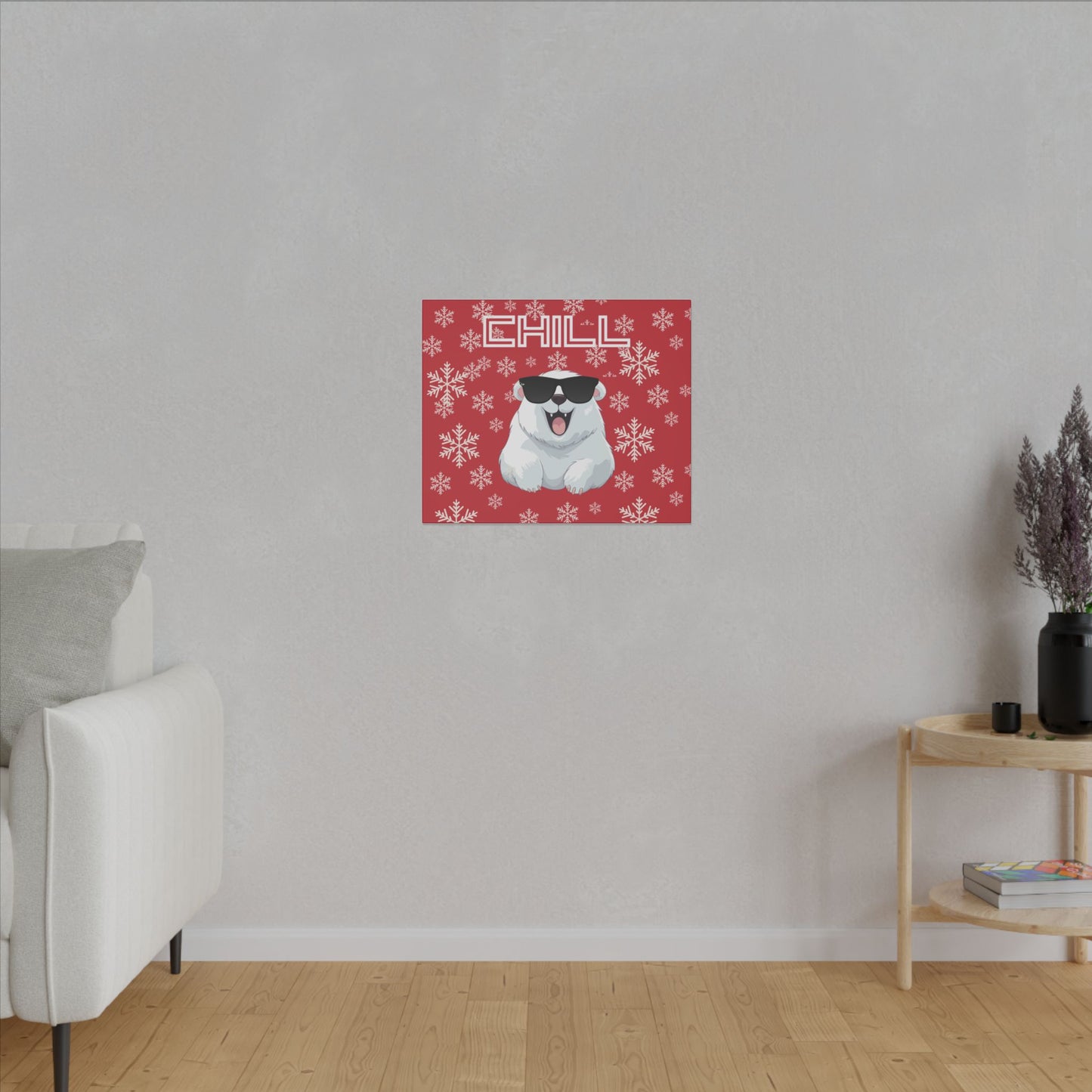 Chill, Polar Bear, Matte Canvas, Stretched 0.75", wall art, snowflakes - red