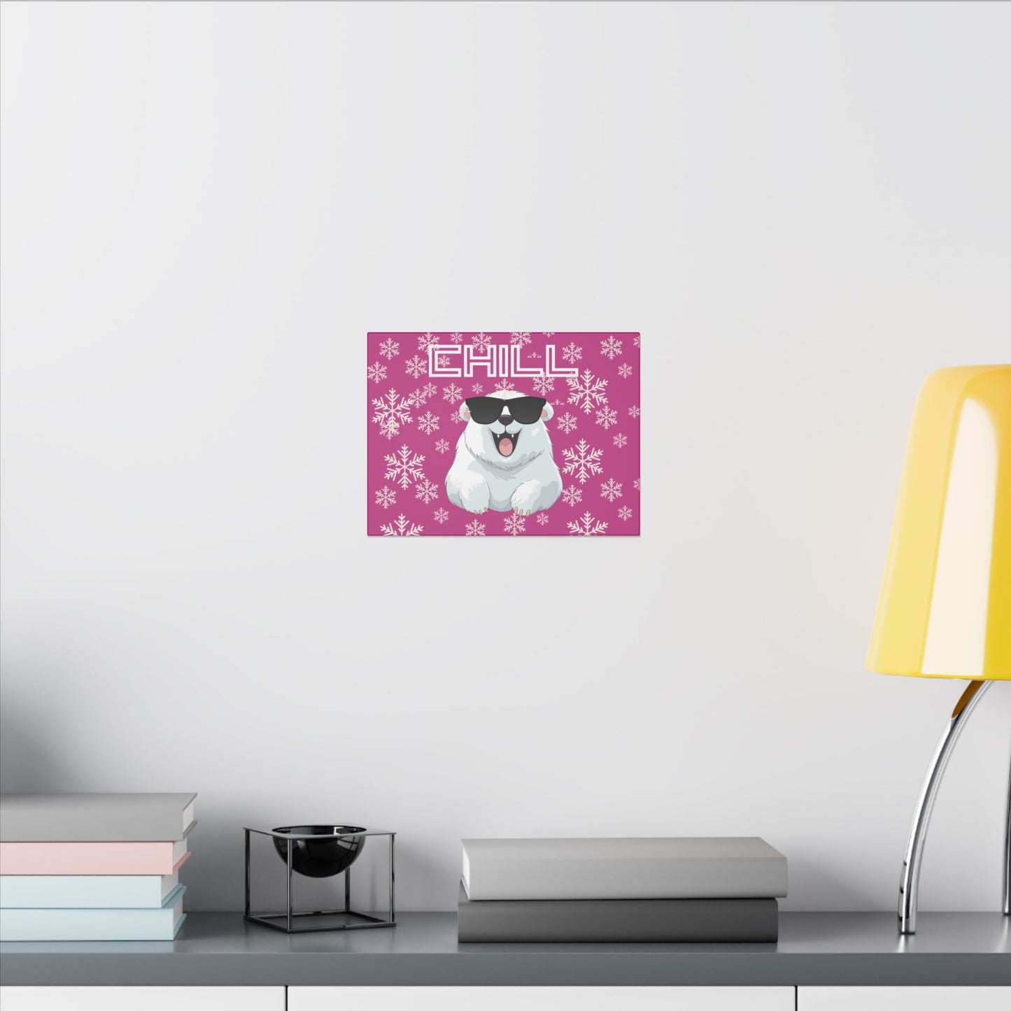 Chill, Polar Bear, Matte Canvas, Stretched 0.75", wall art, snowflakes - pink
