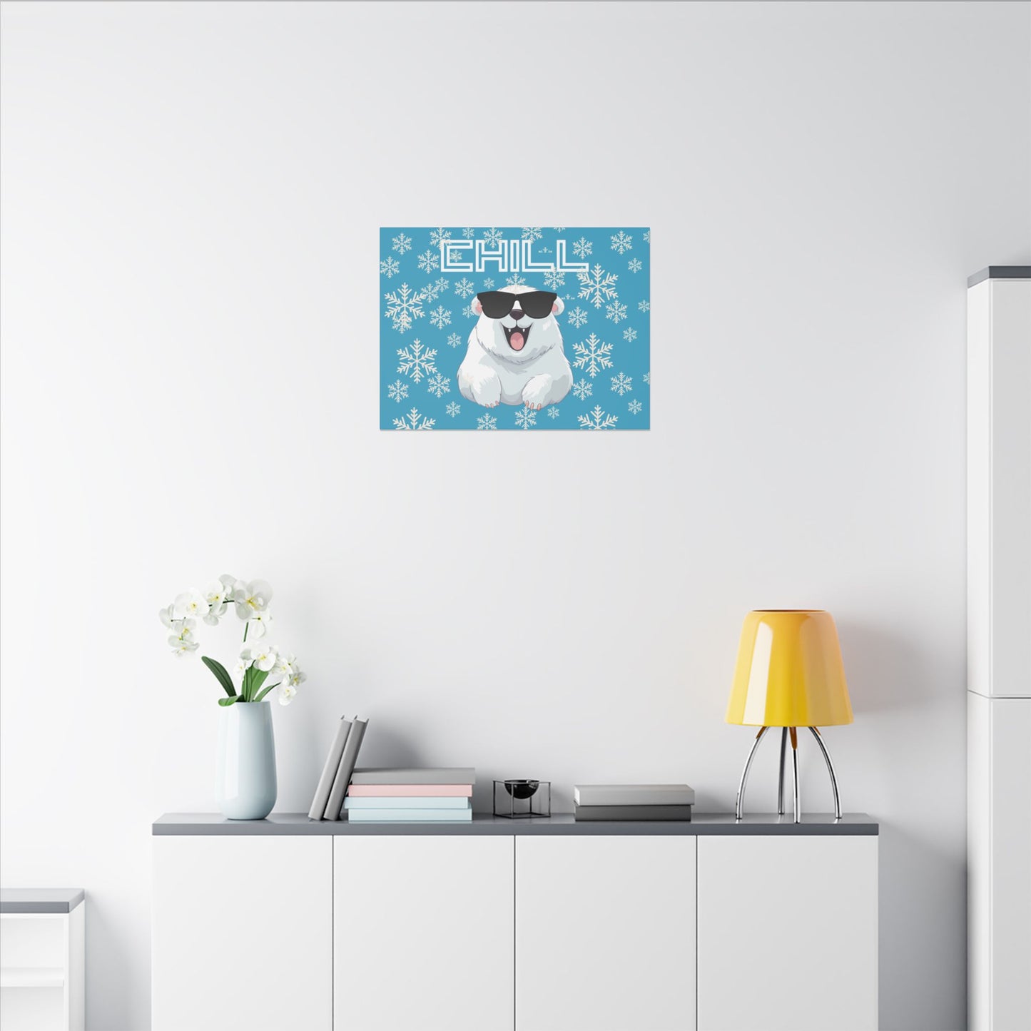 Chill, Polar Bear, Matte Canvas, Stretched 0.75", wall art, snowflakes