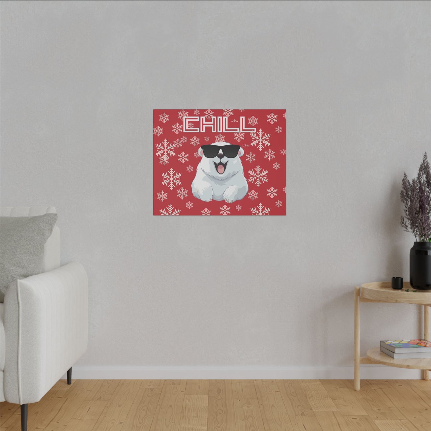 Chill, Polar Bear, Matte Canvas, Stretched 0.75", wall art, snowflakes - red