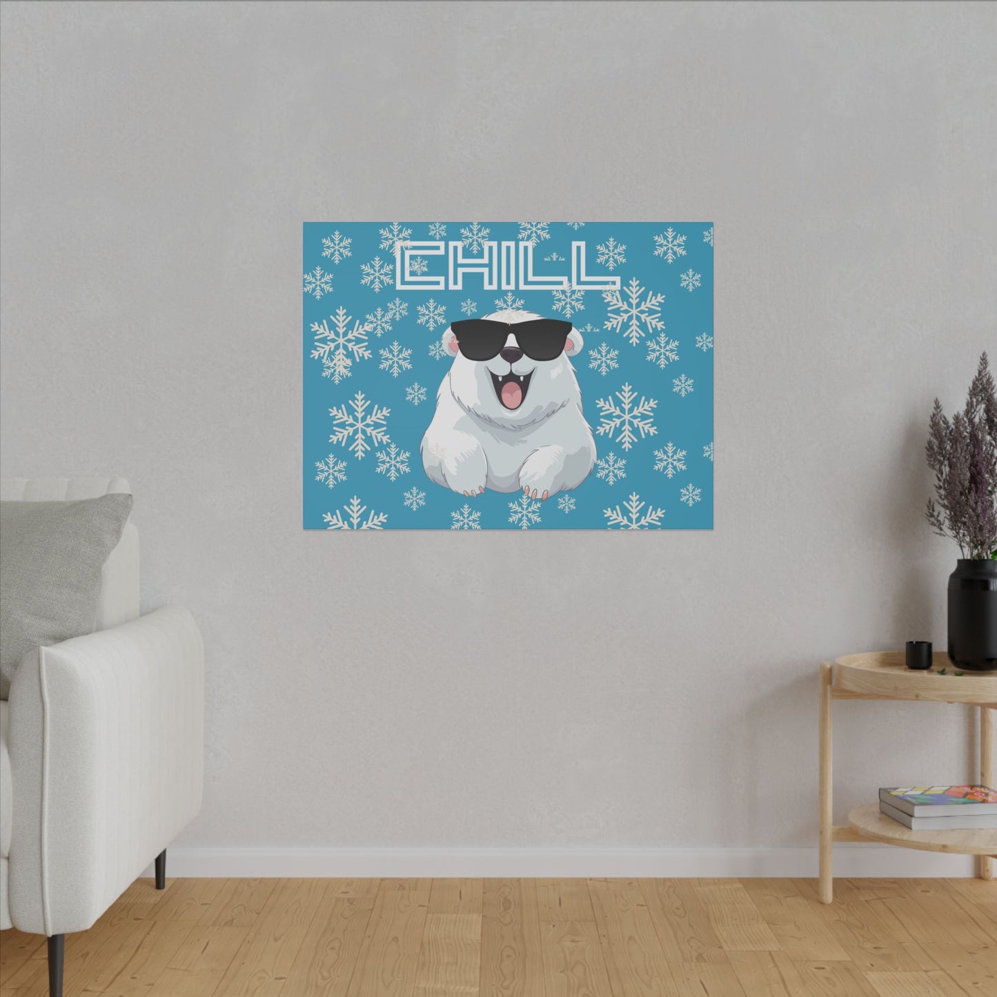 Chill, Polar Bear, Matte Canvas, Stretched 0.75", wall art, snowflakes