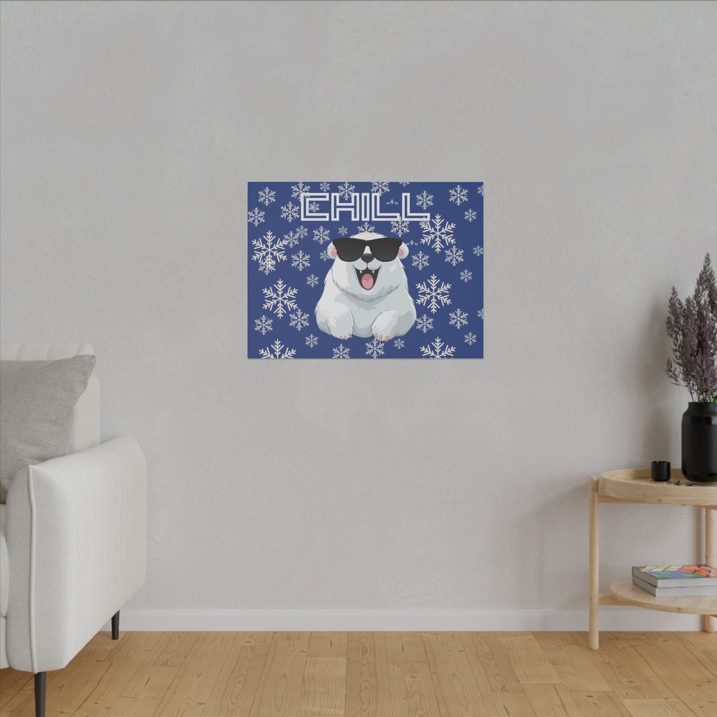 Chill, Polar Bear, Matte Canvas, Stretched 0.75", wall art, snowflakes - blue