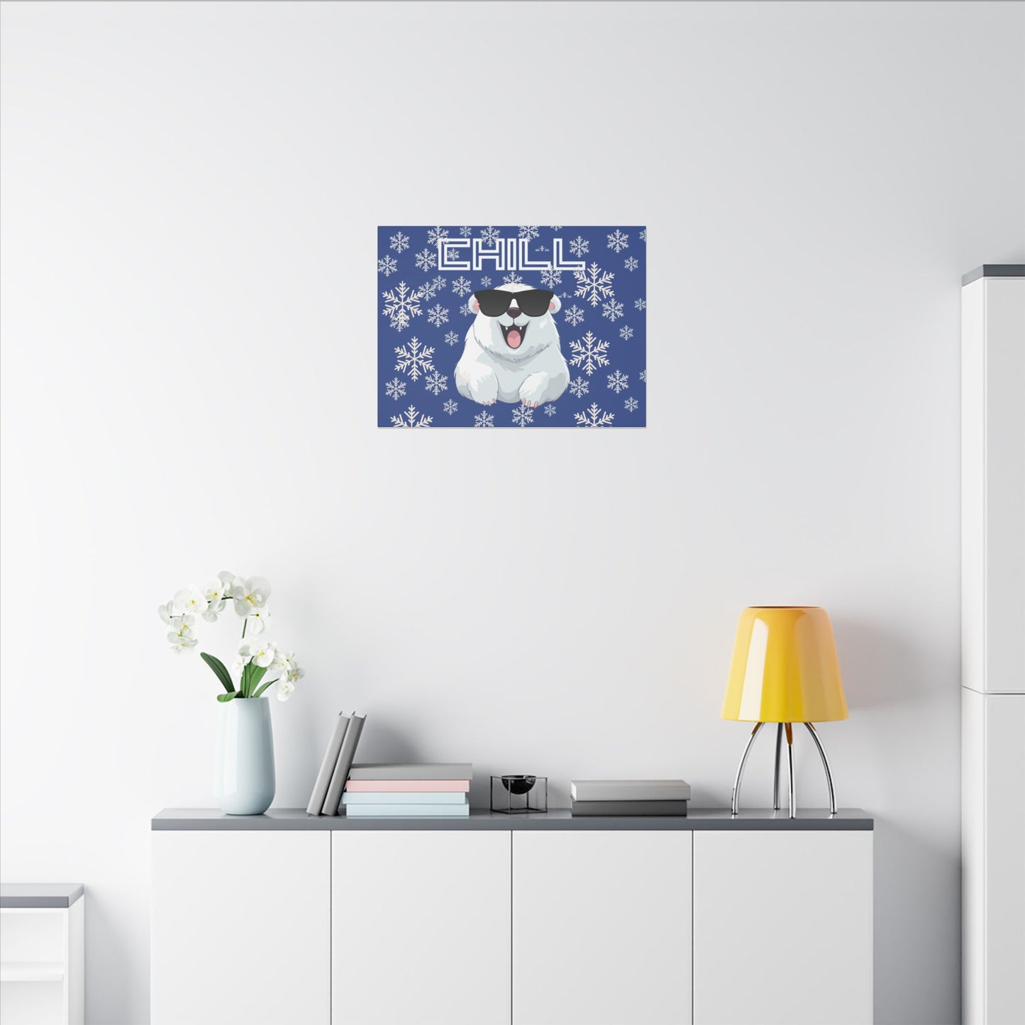 Chill, Polar Bear, Matte Canvas, Stretched 0.75", wall art, snowflakes - blue