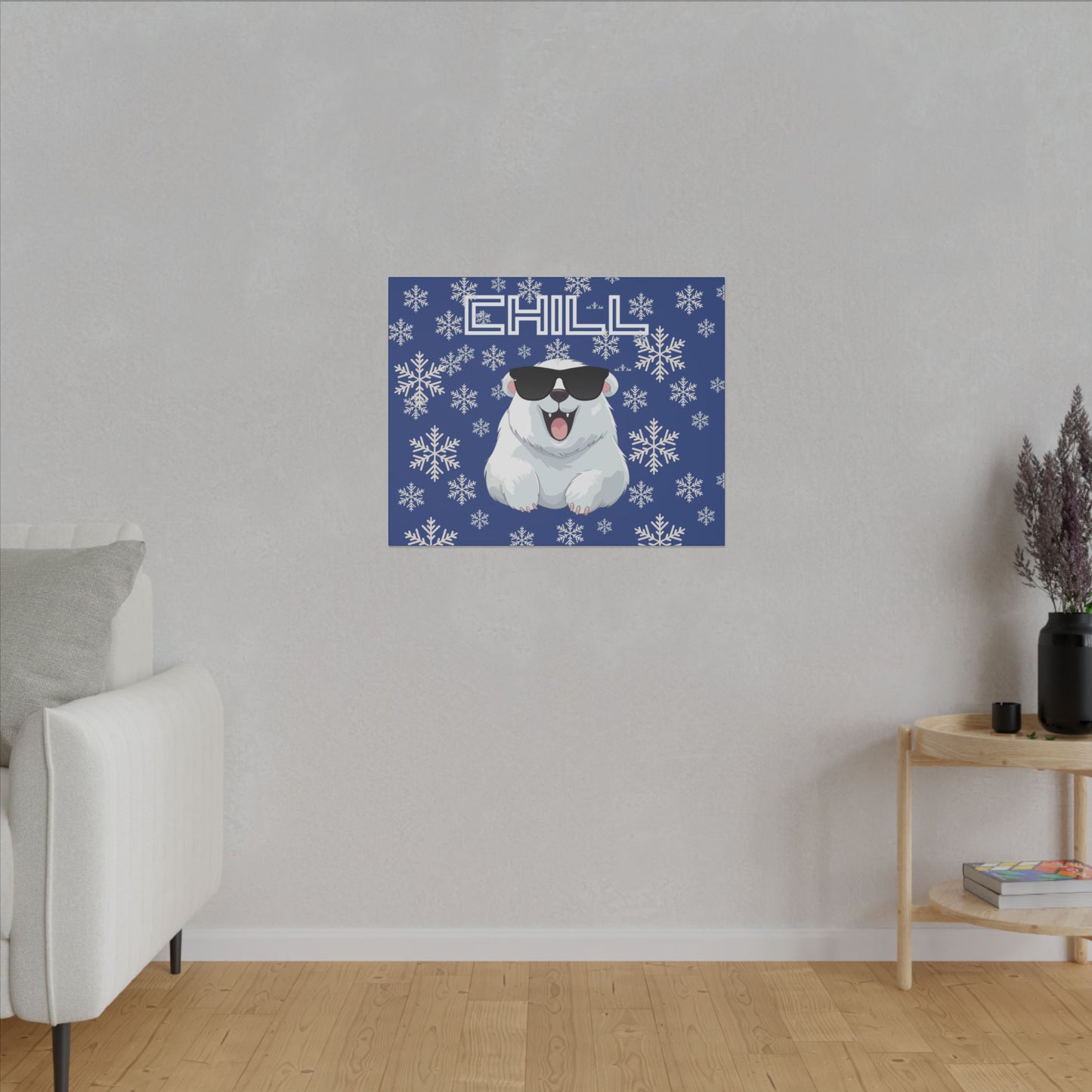 Chill, Polar Bear, Matte Canvas, Stretched 0.75", wall art, snowflakes - blue