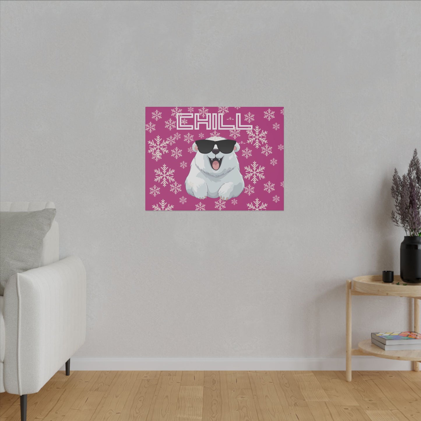 Chill, Polar Bear, Matte Canvas, Stretched 0.75", wall art, snowflakes - pink