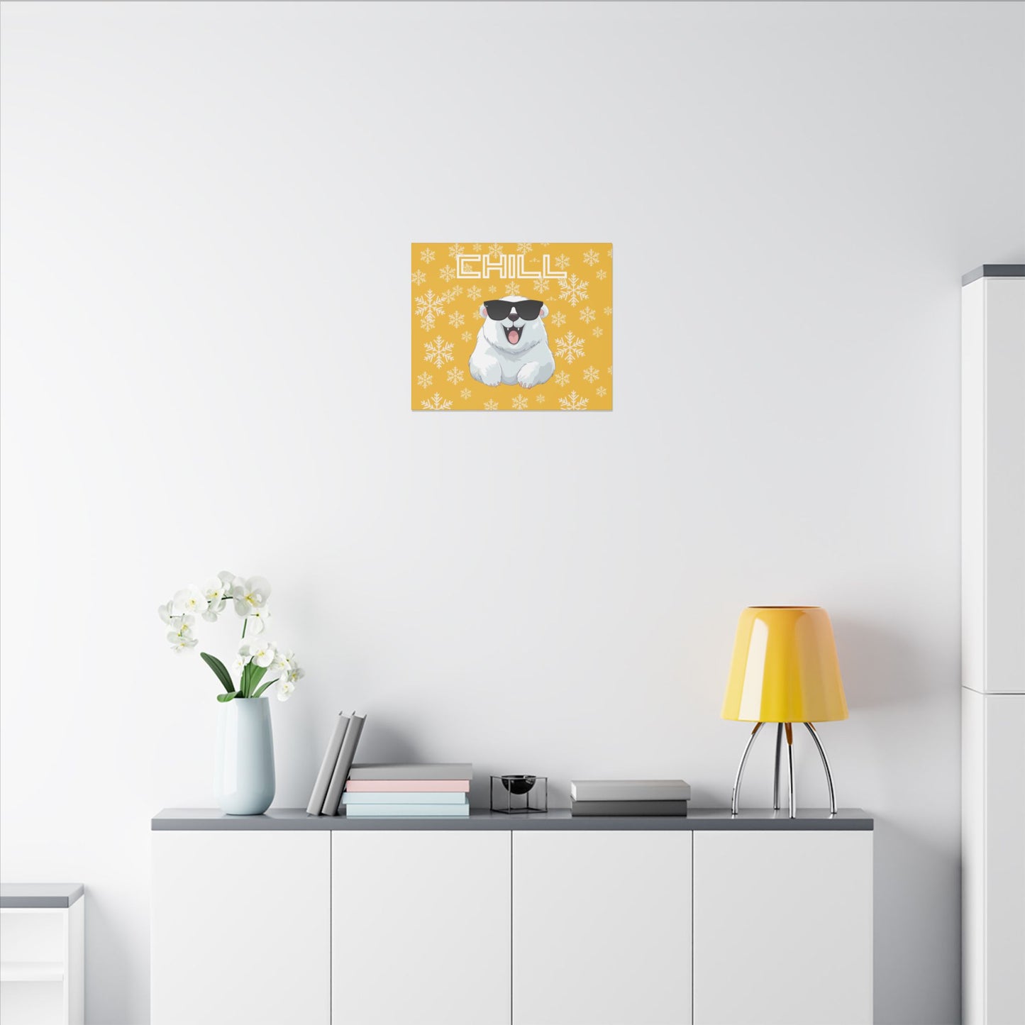 Chill, Polar Bear, Matte Canvas, Stretched 0.75", wall art, snowflakes - yellow
