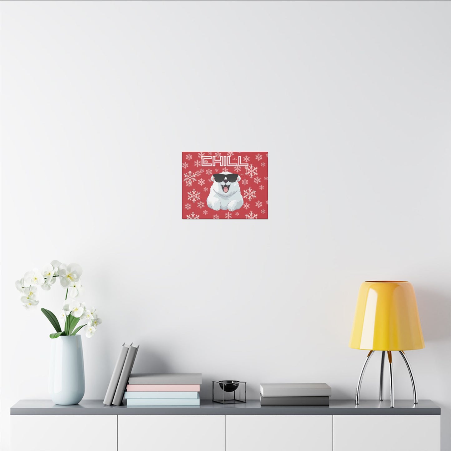 Chill, Polar Bear, Matte Canvas, Stretched 0.75", wall art, snowflakes - red