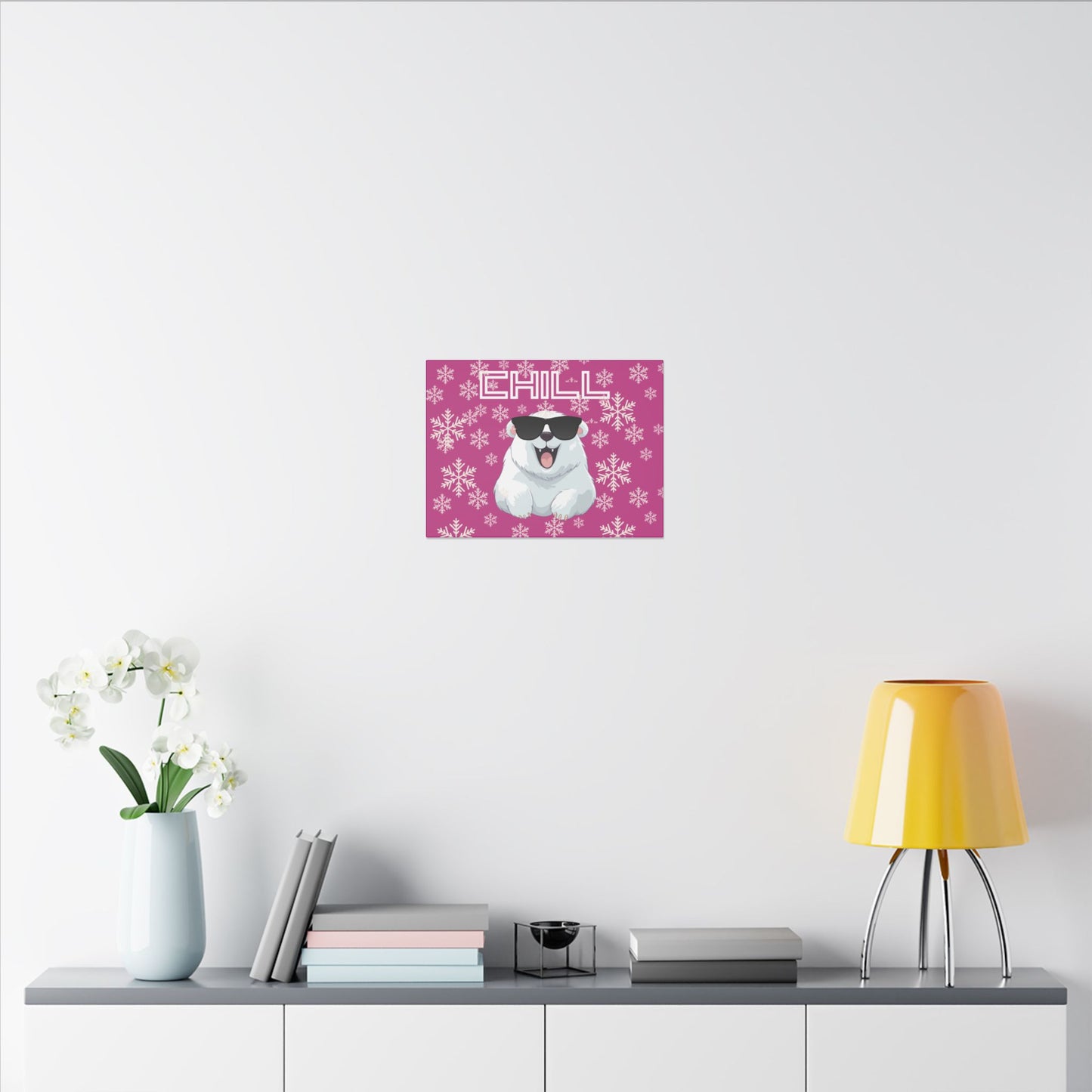 Chill, Polar Bear, Matte Canvas, Stretched 0.75", wall art, snowflakes - pink