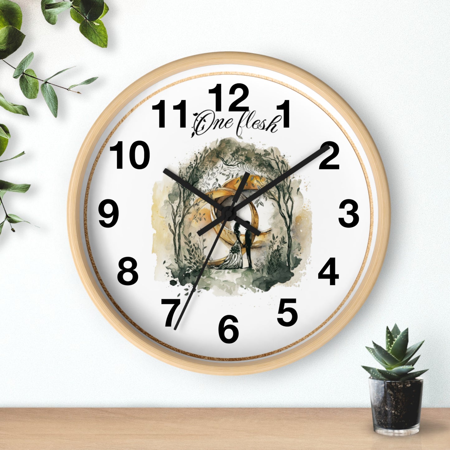 One Flesh Christian Wall Clock with rings, vintage design, wedding, new couple