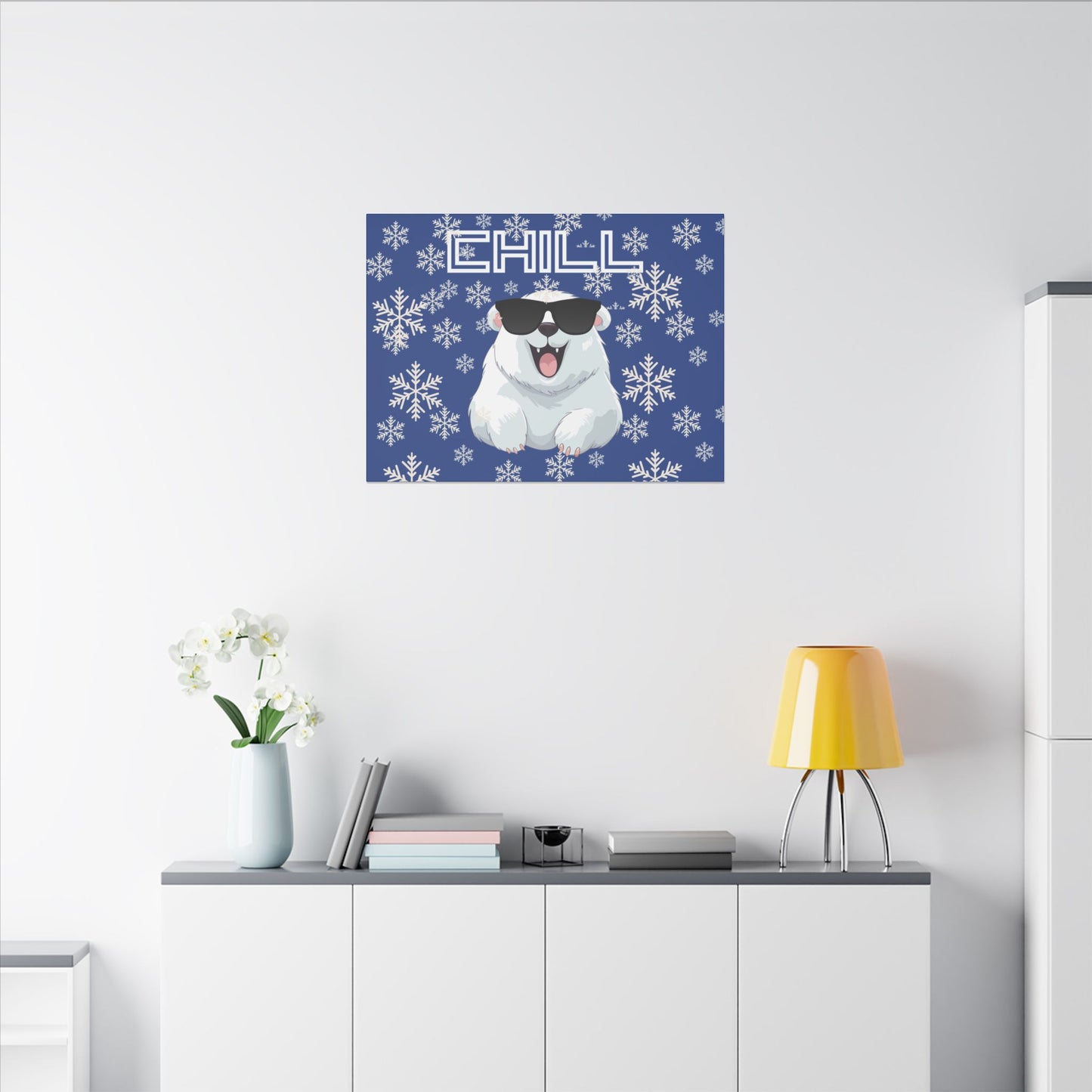 Chill, Polar Bear, Matte Canvas, Stretched 0.75", wall art, snowflakes - blue