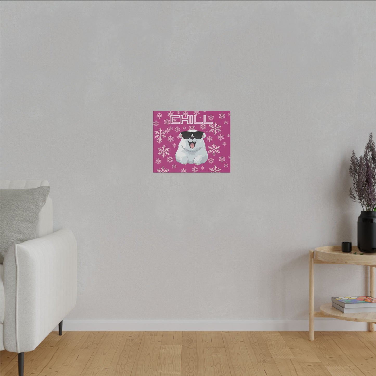 Chill, Polar Bear, Matte Canvas, Stretched 0.75", wall art, snowflakes - pink