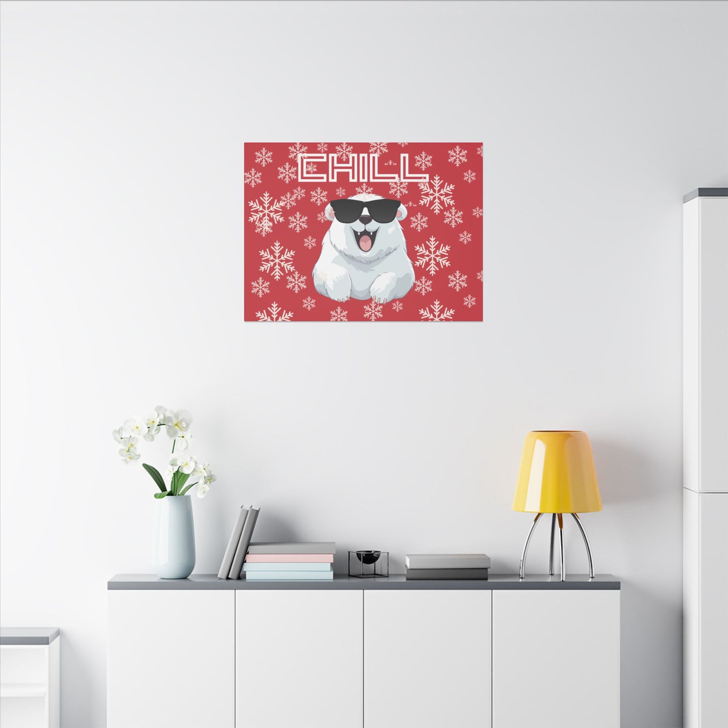 Chill, Polar Bear, Matte Canvas, Stretched 0.75", wall art, snowflakes - red