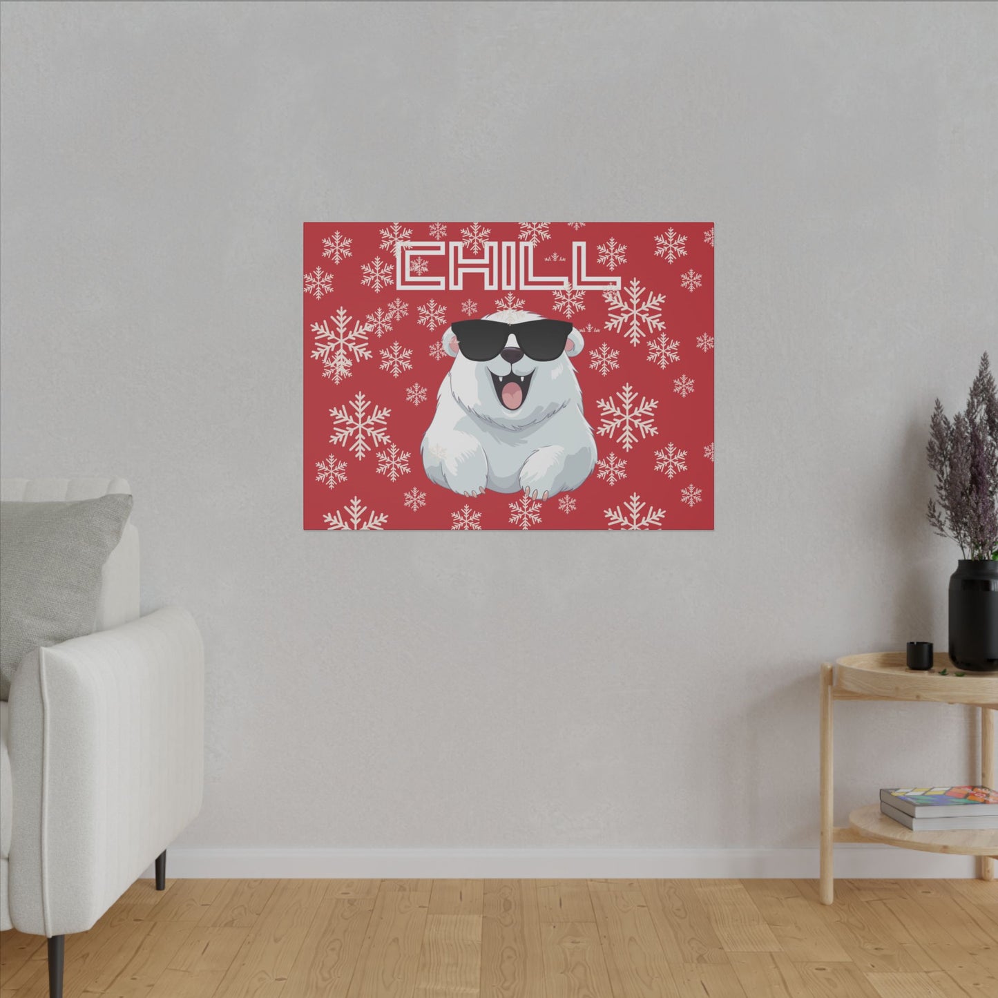 Chill, Polar Bear, Matte Canvas, Stretched 0.75", wall art, snowflakes - red
