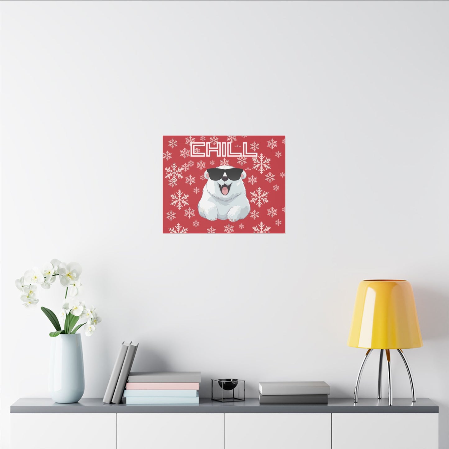 Chill, Polar Bear, Matte Canvas, Stretched 0.75", wall art, snowflakes - red
