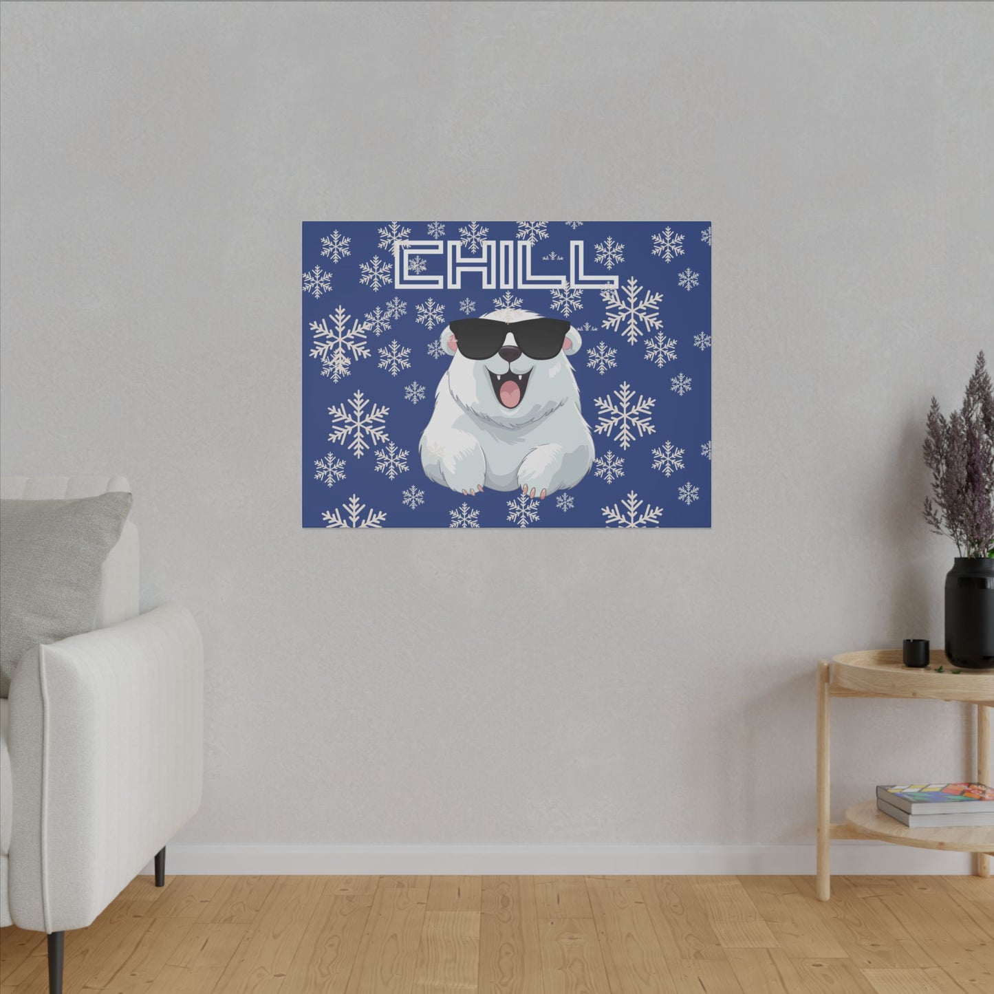 Chill, Polar Bear, Matte Canvas, Stretched 0.75", wall art, snowflakes - blue