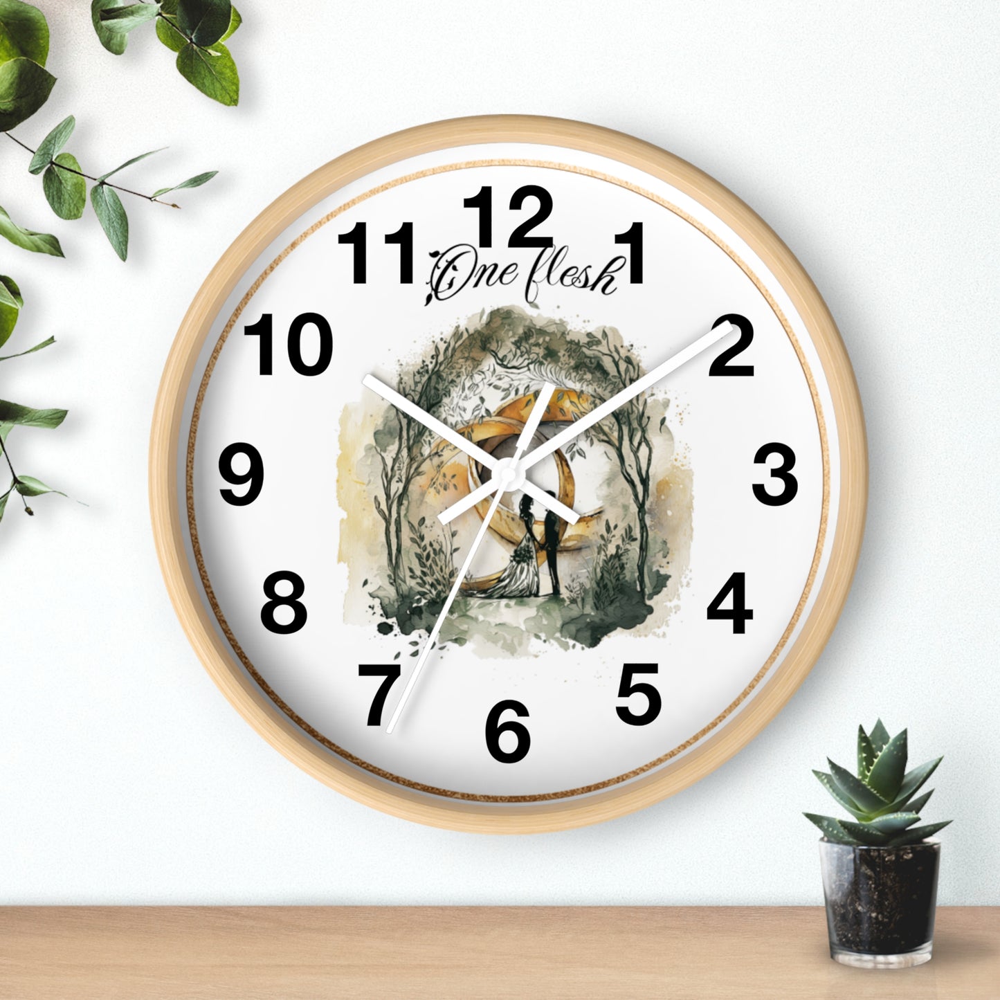 One Flesh Christian Wall Clock with rings, vintage design, wedding, new couple