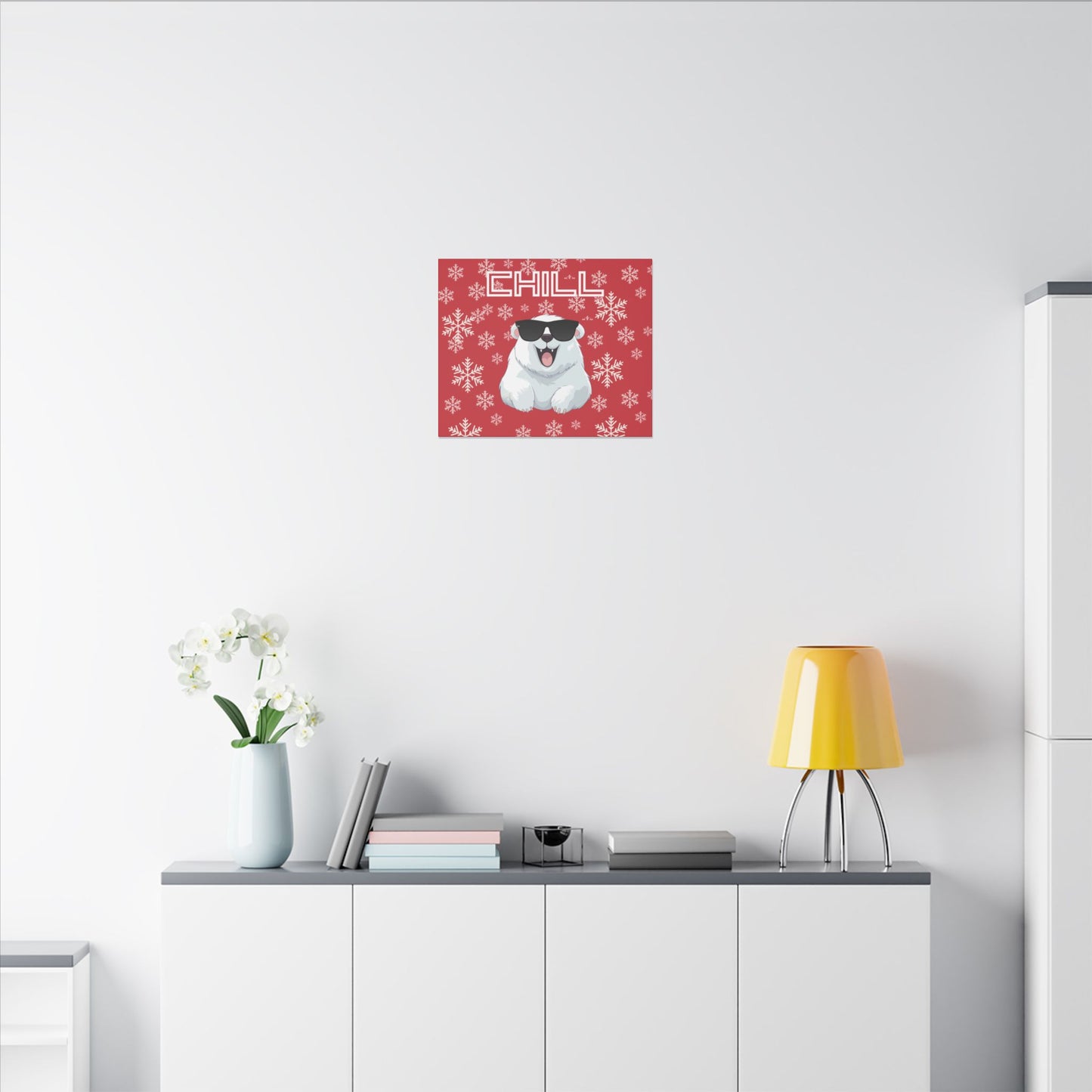 Chill, Polar Bear, Matte Canvas, Stretched 0.75", wall art, snowflakes - red