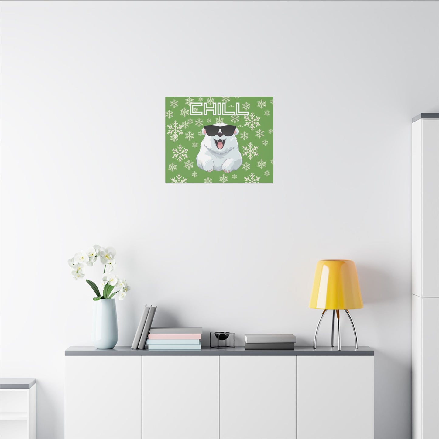 Chill, Polar Bear, Matte Canvas, Stretched 0.75", wall art, snowflakes - green