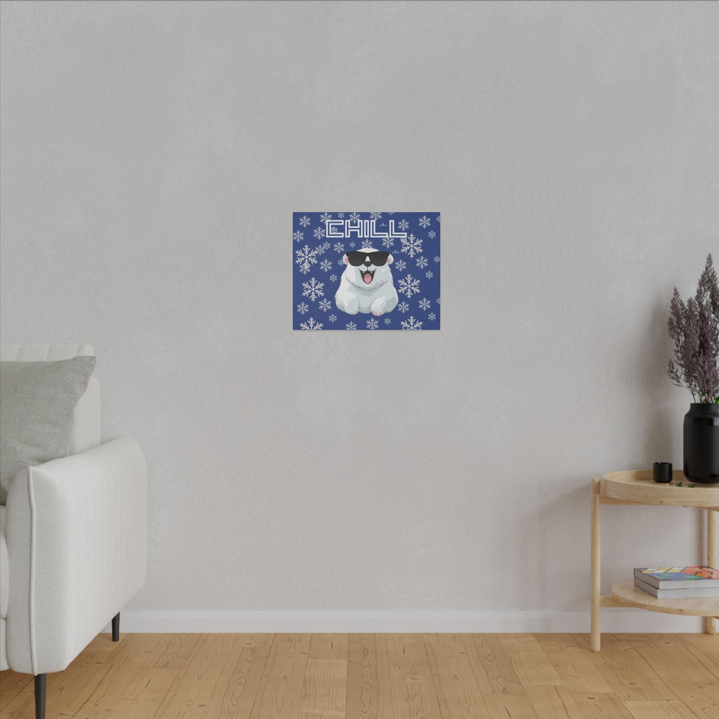 Chill, Polar Bear, Matte Canvas, Stretched 0.75", wall art, snowflakes - blue