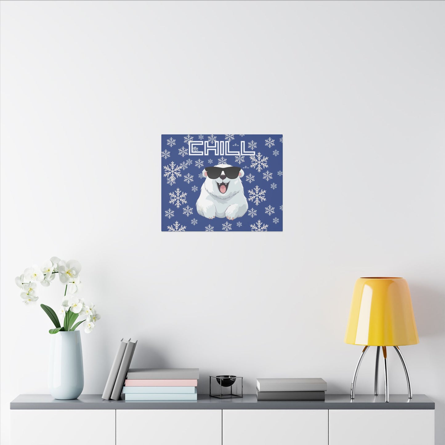 Chill, Polar Bear, Matte Canvas, Stretched 0.75", wall art, snowflakes - blue