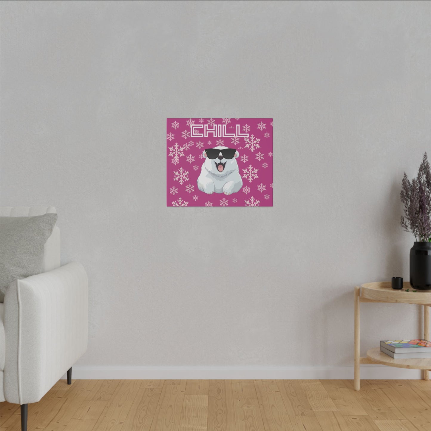 Chill, Polar Bear, Matte Canvas, Stretched 0.75", wall art, snowflakes - pink