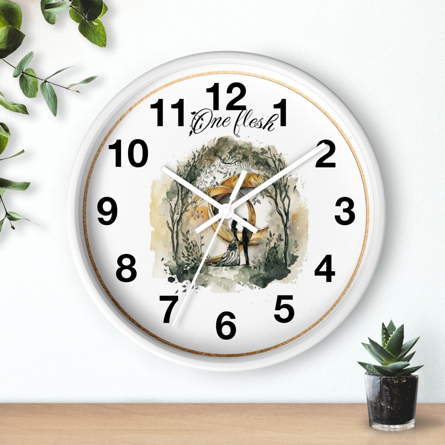 One Flesh Christian Wall Clock with rings, vintage design, wedding, new couple