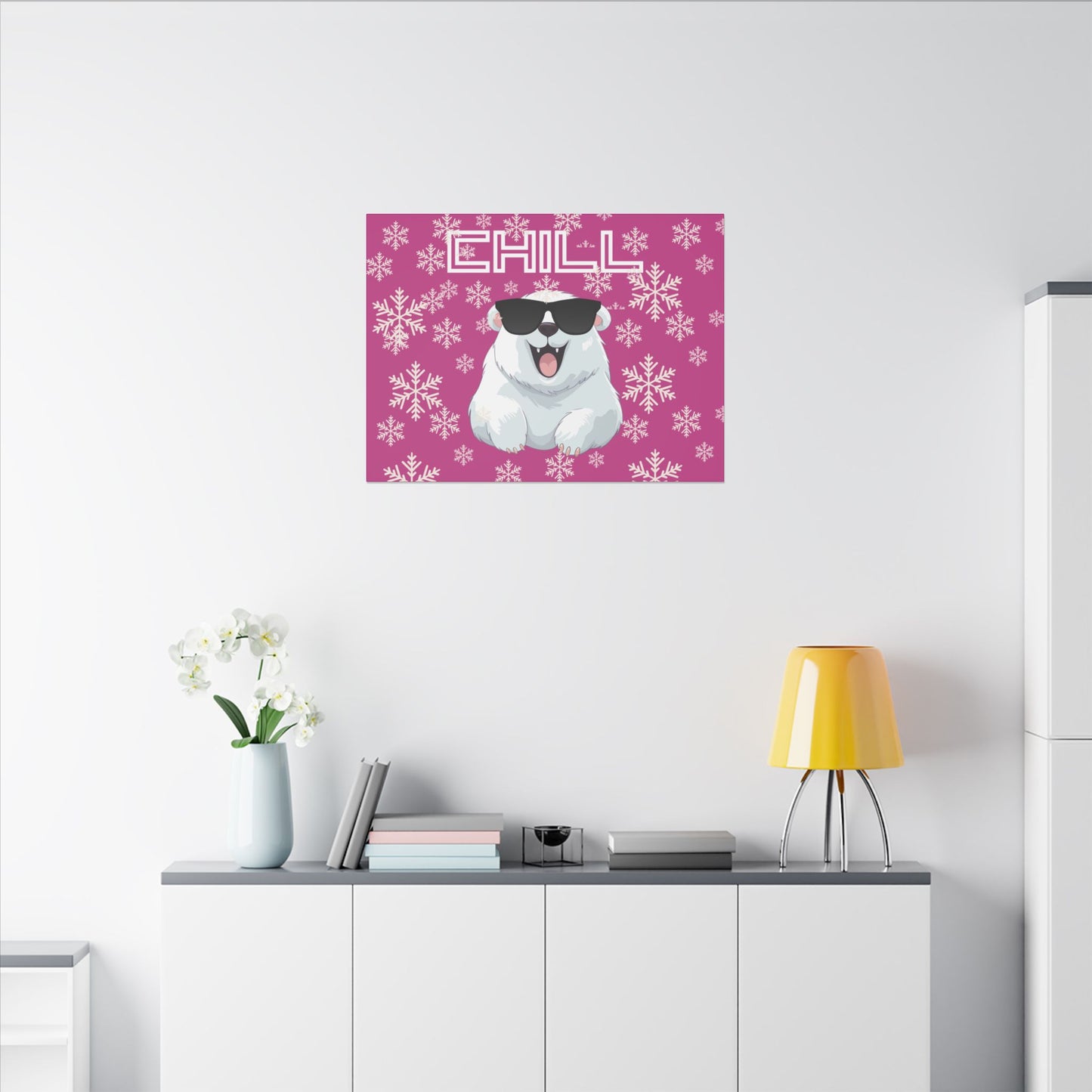 Chill, Polar Bear, Matte Canvas, Stretched 0.75", wall art, snowflakes - pink