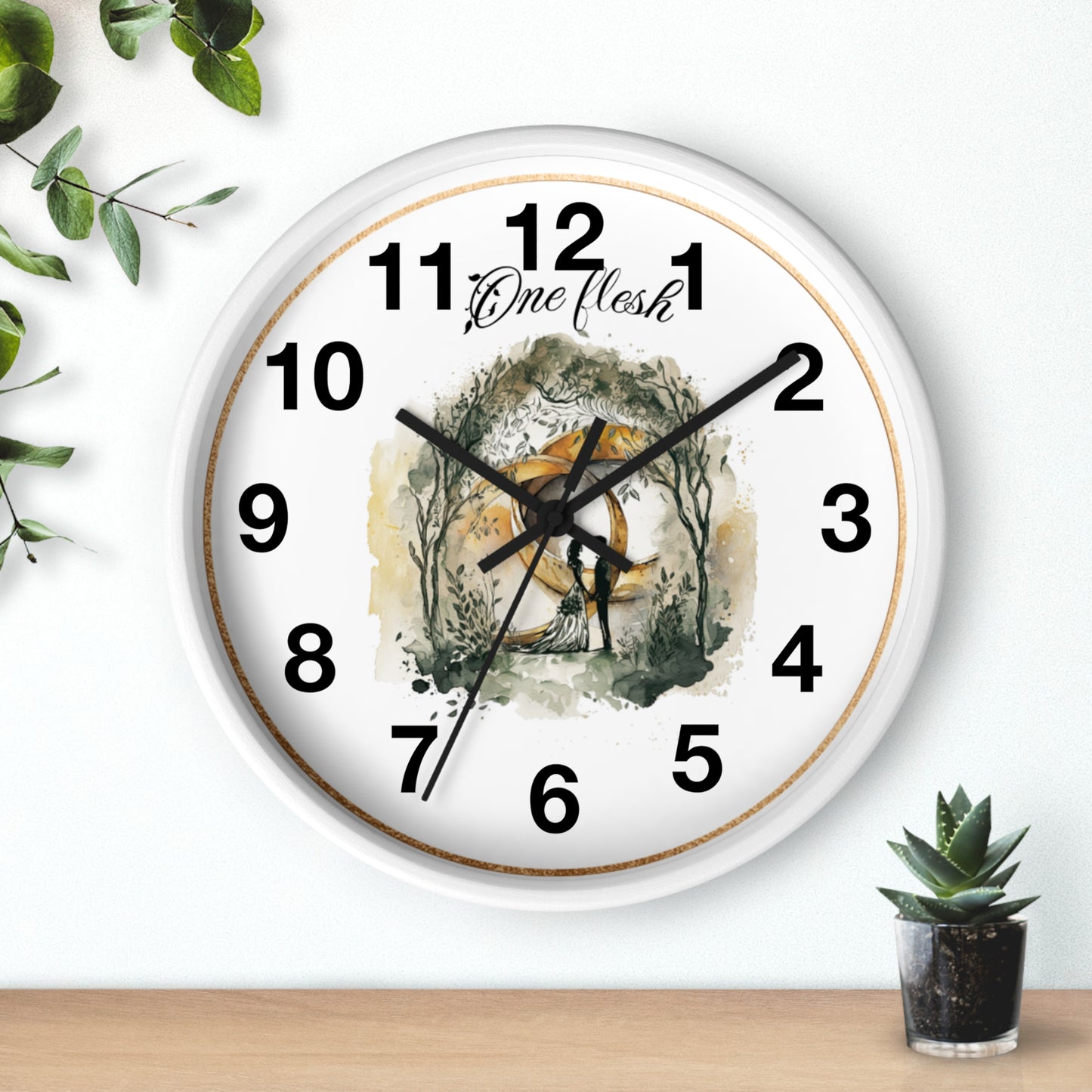 One Flesh Christian Wall Clock with rings, vintage design, wedding, new couple