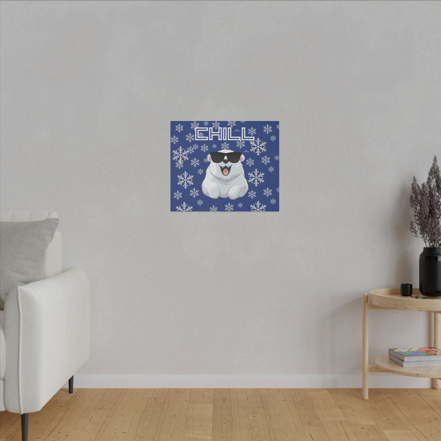 Chill, Polar Bear, Matte Canvas, Stretched 0.75", wall art, snowflakes - blue