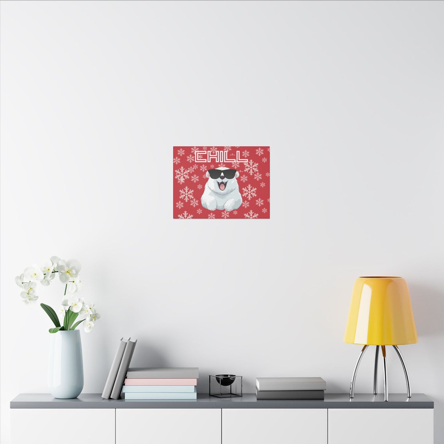 Chill, Polar Bear, Matte Canvas, Stretched 0.75", wall art, snowflakes - red