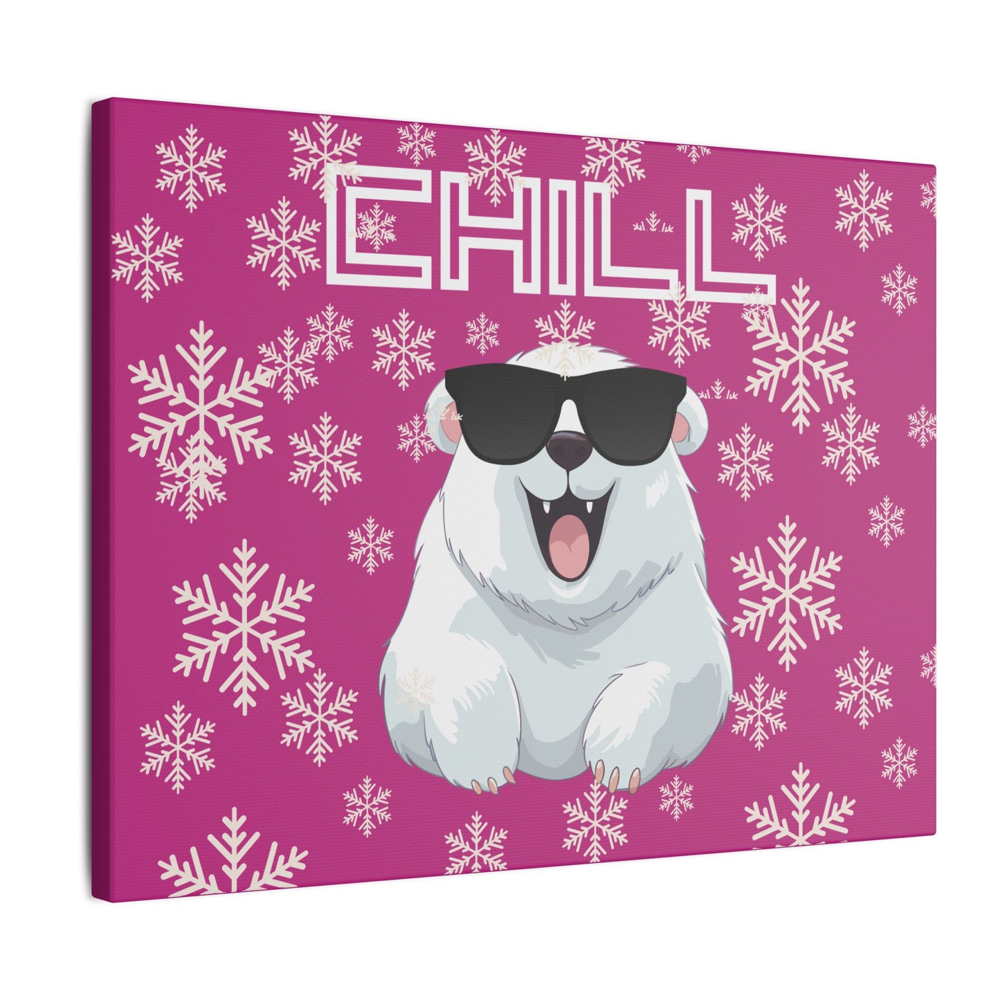 Chill, Polar Bear, Matte Canvas, Stretched 0.75", wall art, snowflakes - pink