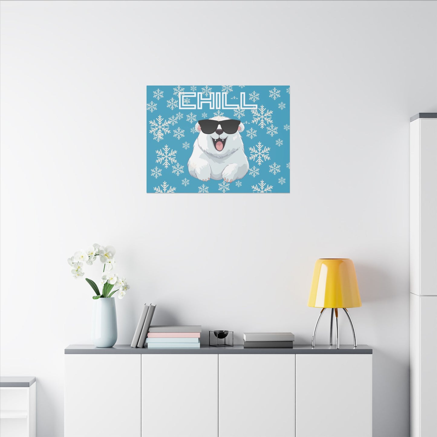 Chill, Polar Bear, Matte Canvas, Stretched 0.75", wall art, snowflakes