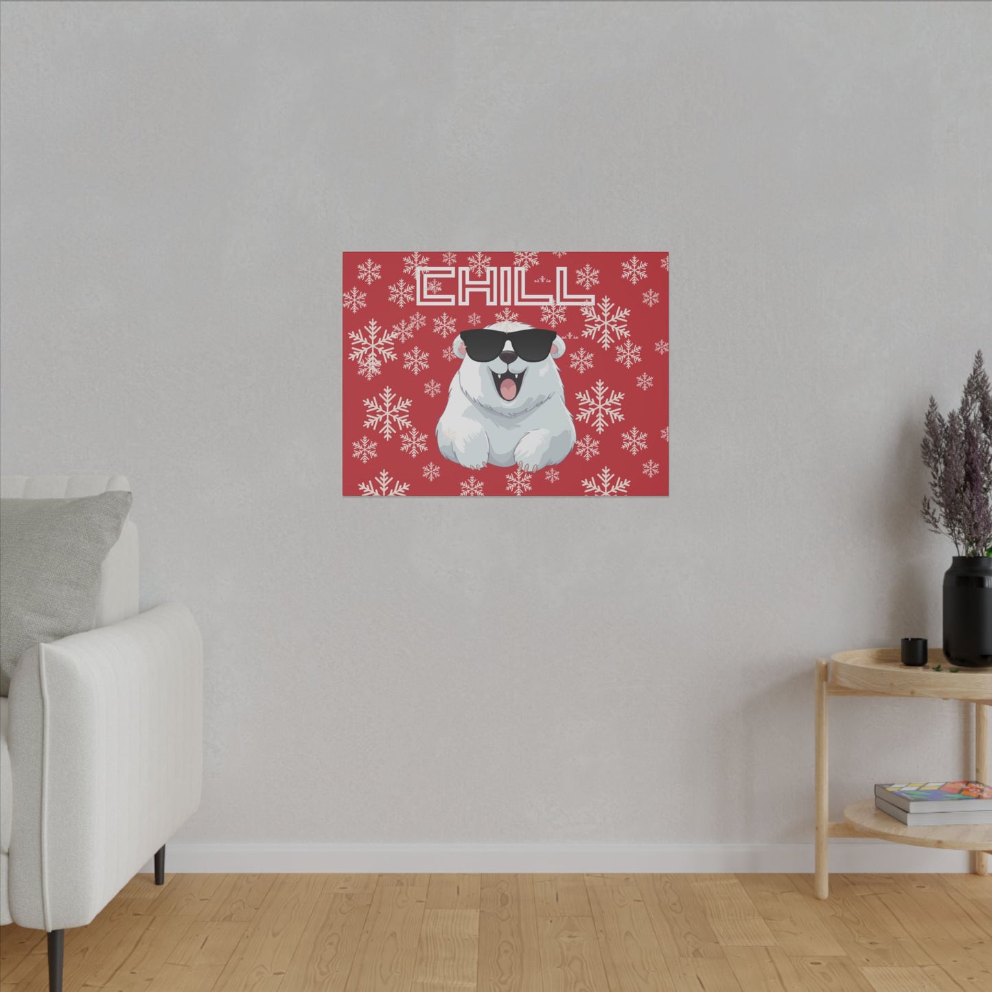 Chill, Polar Bear, Matte Canvas, Stretched 0.75", wall art, snowflakes - red