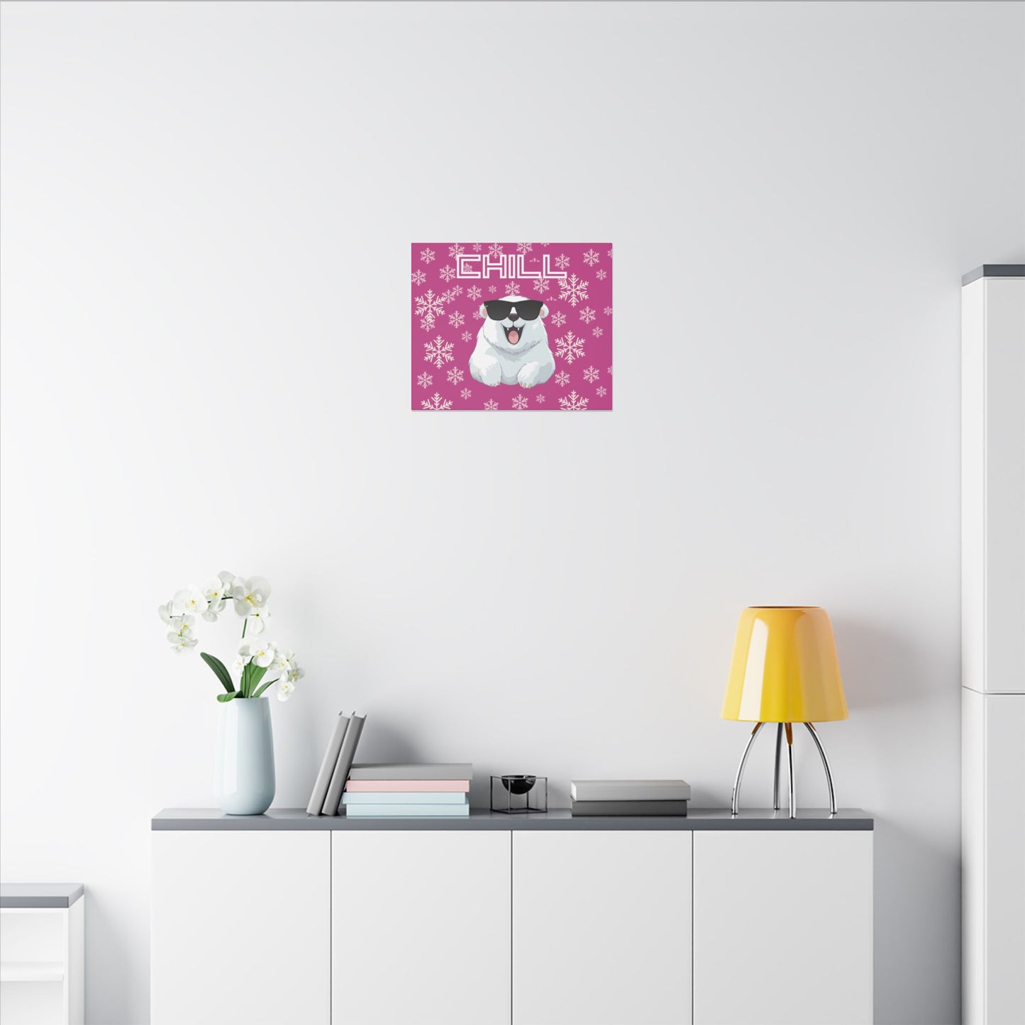 Chill, Polar Bear, Matte Canvas, Stretched 0.75", wall art, snowflakes - pink