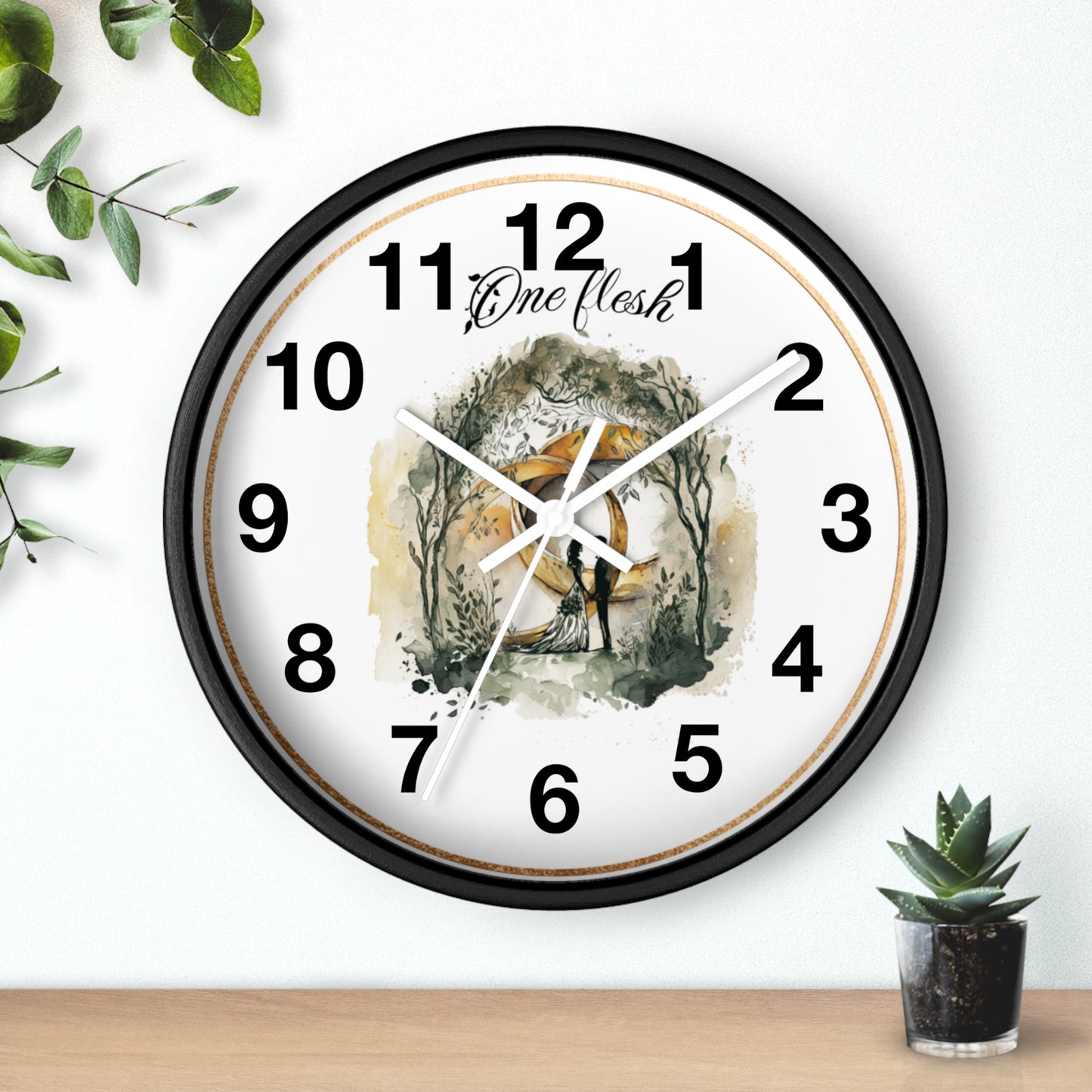 One Flesh Christian Wall Clock with rings, vintage design, wedding, new couple