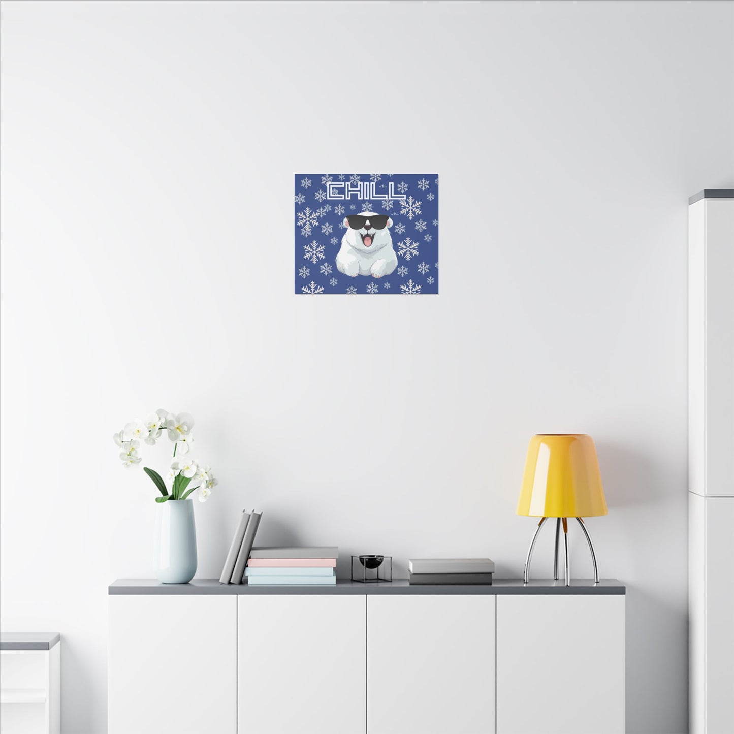 Chill, Polar Bear, Matte Canvas, Stretched 0.75", wall art, snowflakes - blue