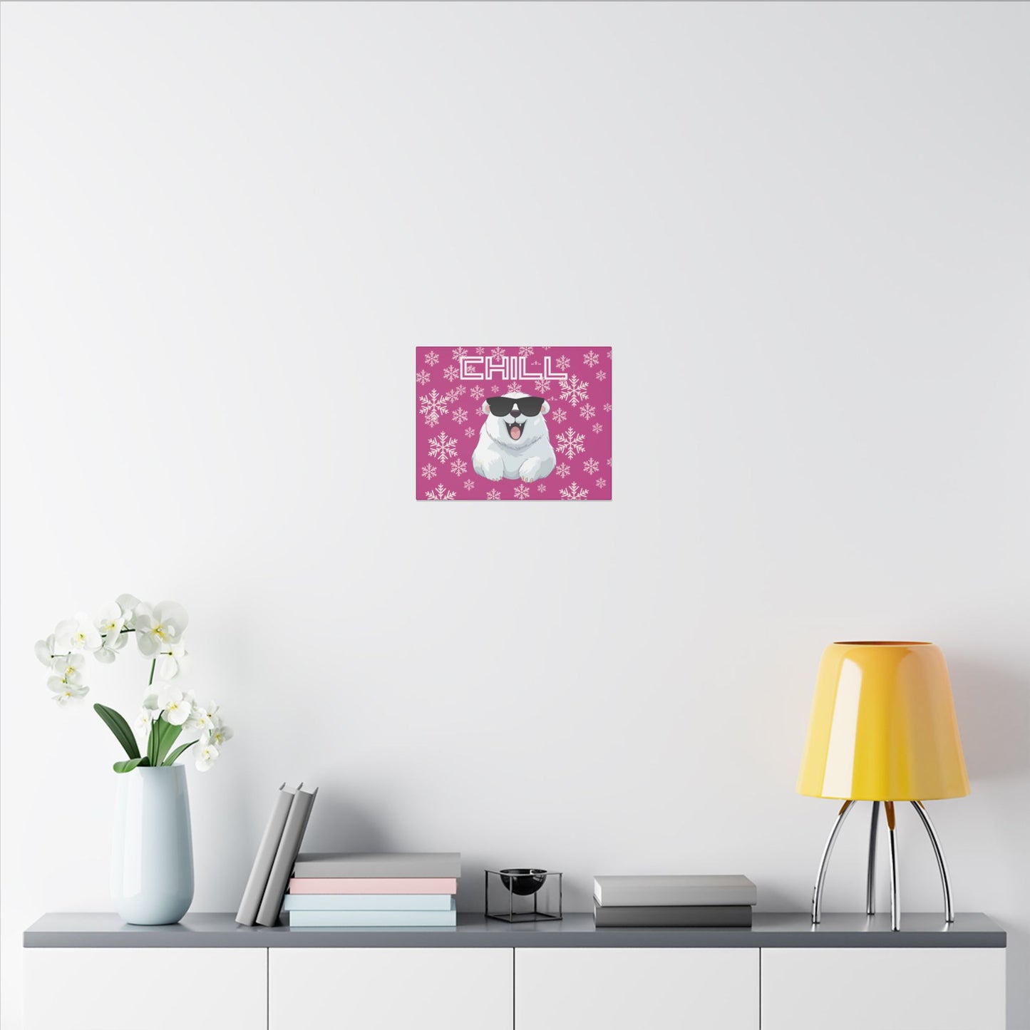 Chill, Polar Bear, Matte Canvas, Stretched 0.75", wall art, snowflakes - pink