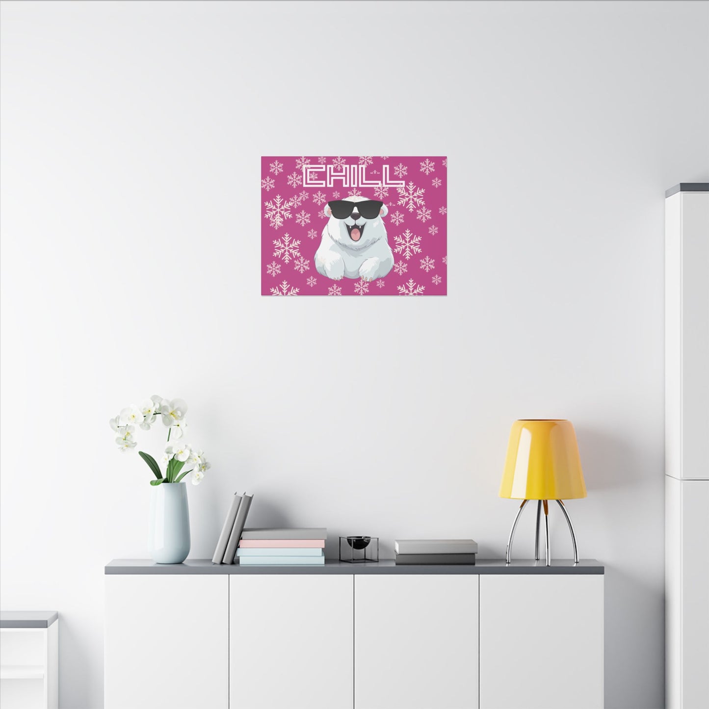 Chill, Polar Bear, Matte Canvas, Stretched 0.75", wall art, snowflakes - pink