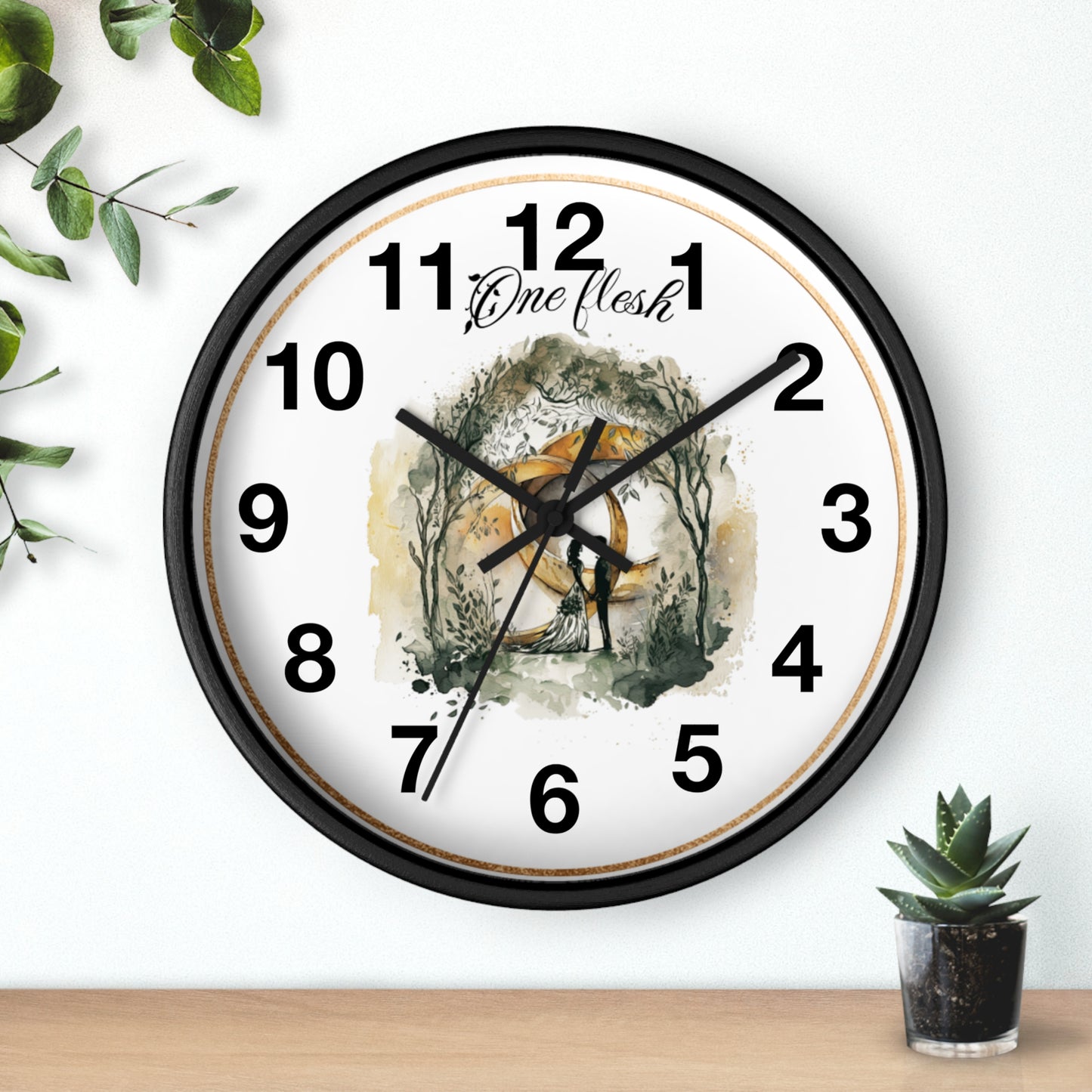 One Flesh Christian Wall Clock with rings, vintage design, wedding, new couple