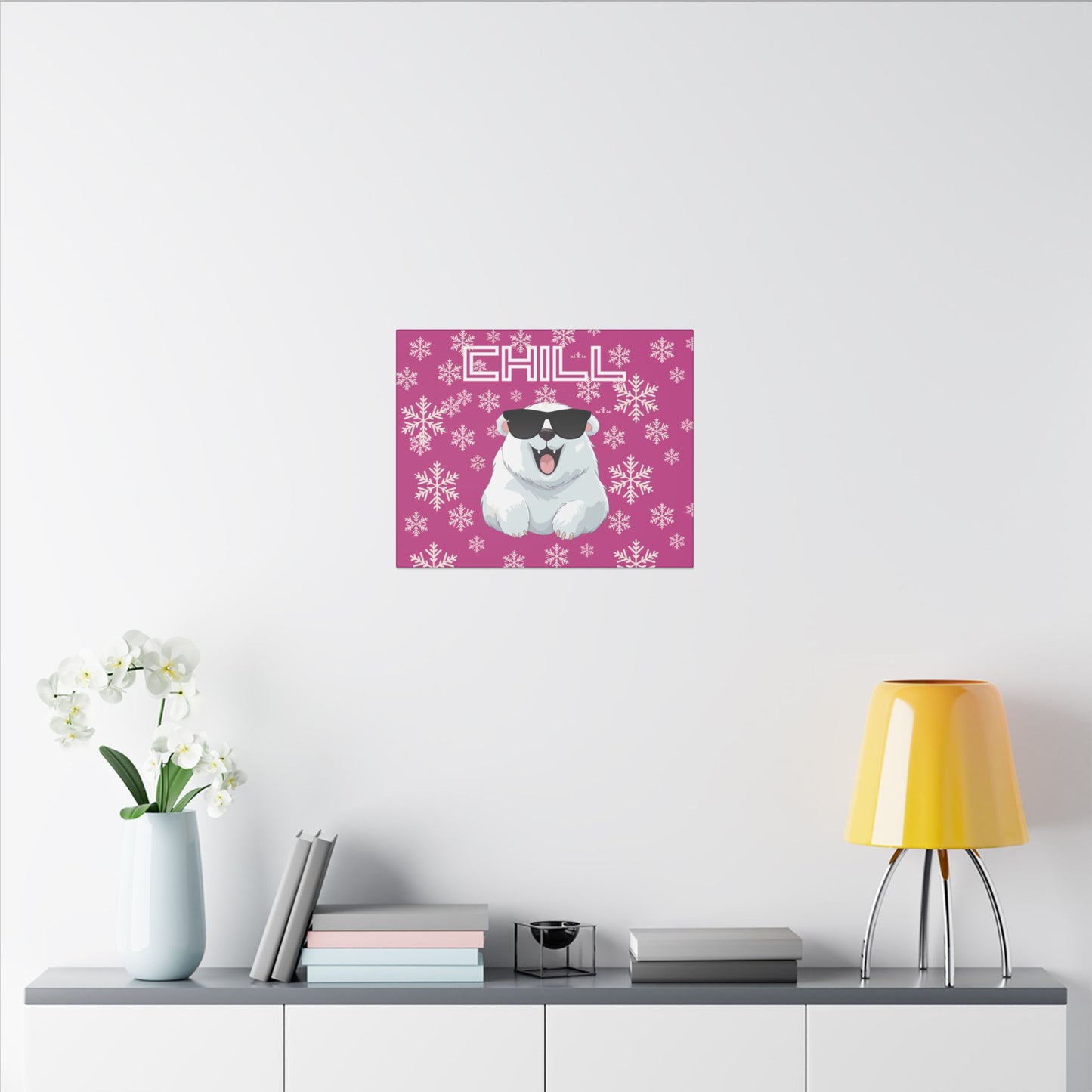 Chill, Polar Bear, Matte Canvas, Stretched 0.75", wall art, snowflakes - pink
