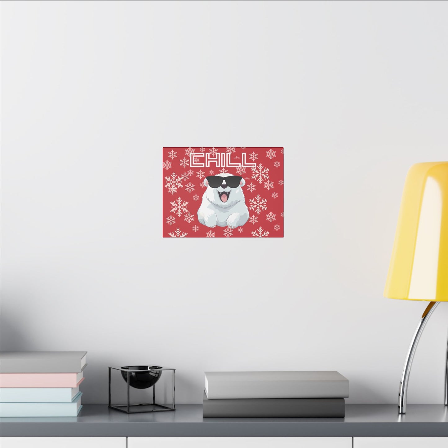 Chill, Polar Bear, Matte Canvas, Stretched 0.75", wall art, snowflakes - red