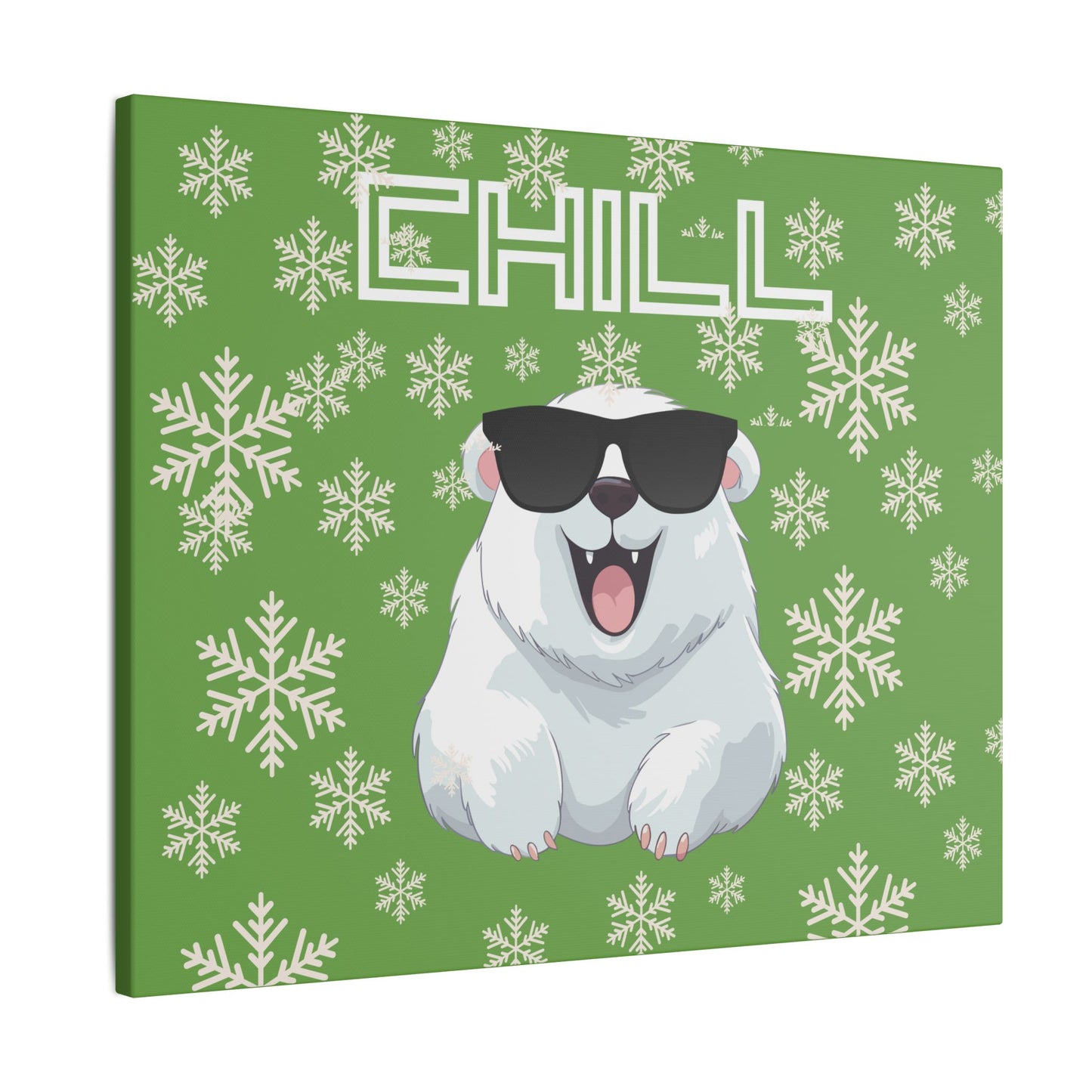 Chill, Polar Bear, Matte Canvas, Stretched 0.75", wall art, snowflakes - green