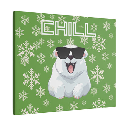 Chill, Polar Bear, Matte Canvas, Stretched 0.75", wall art, snowflakes - green
