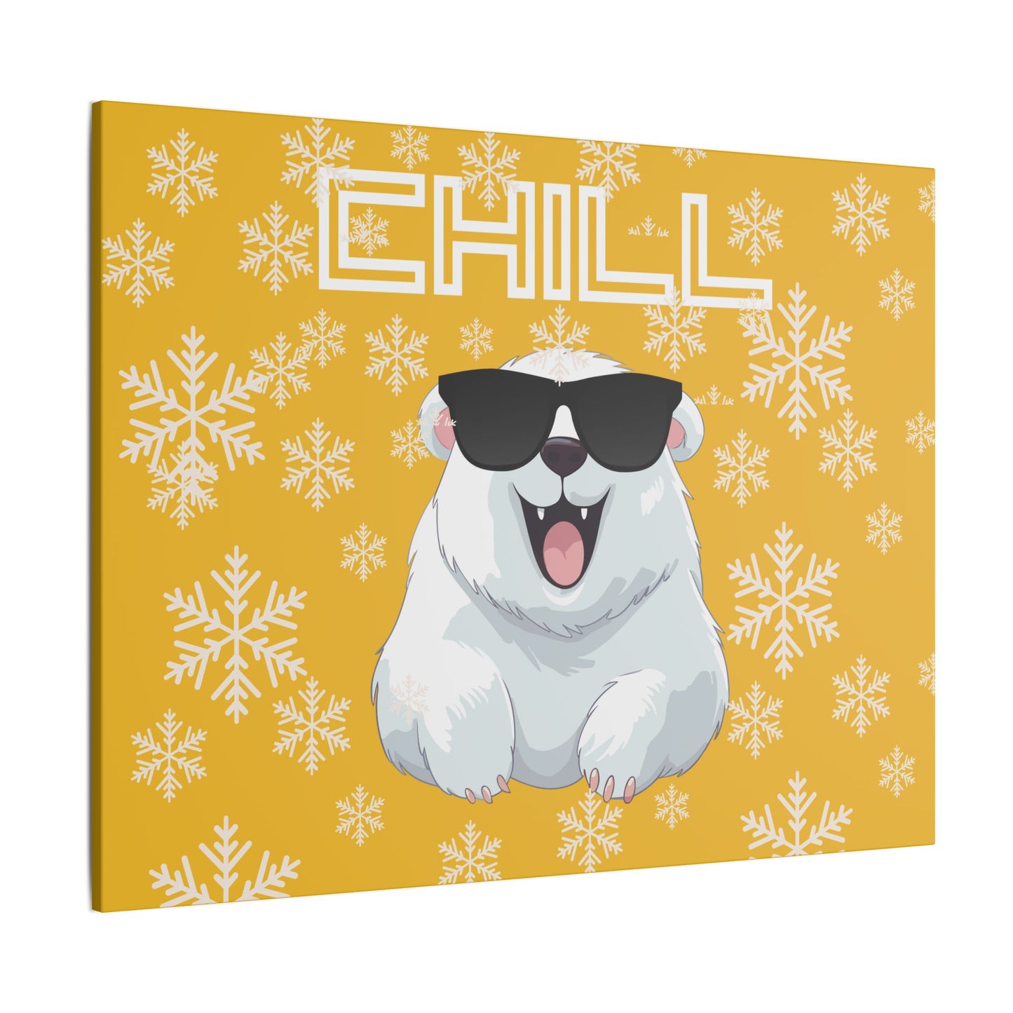 Chill, Polar Bear, Matte Canvas, Stretched 0.75", wall art, snowflakes - yellow