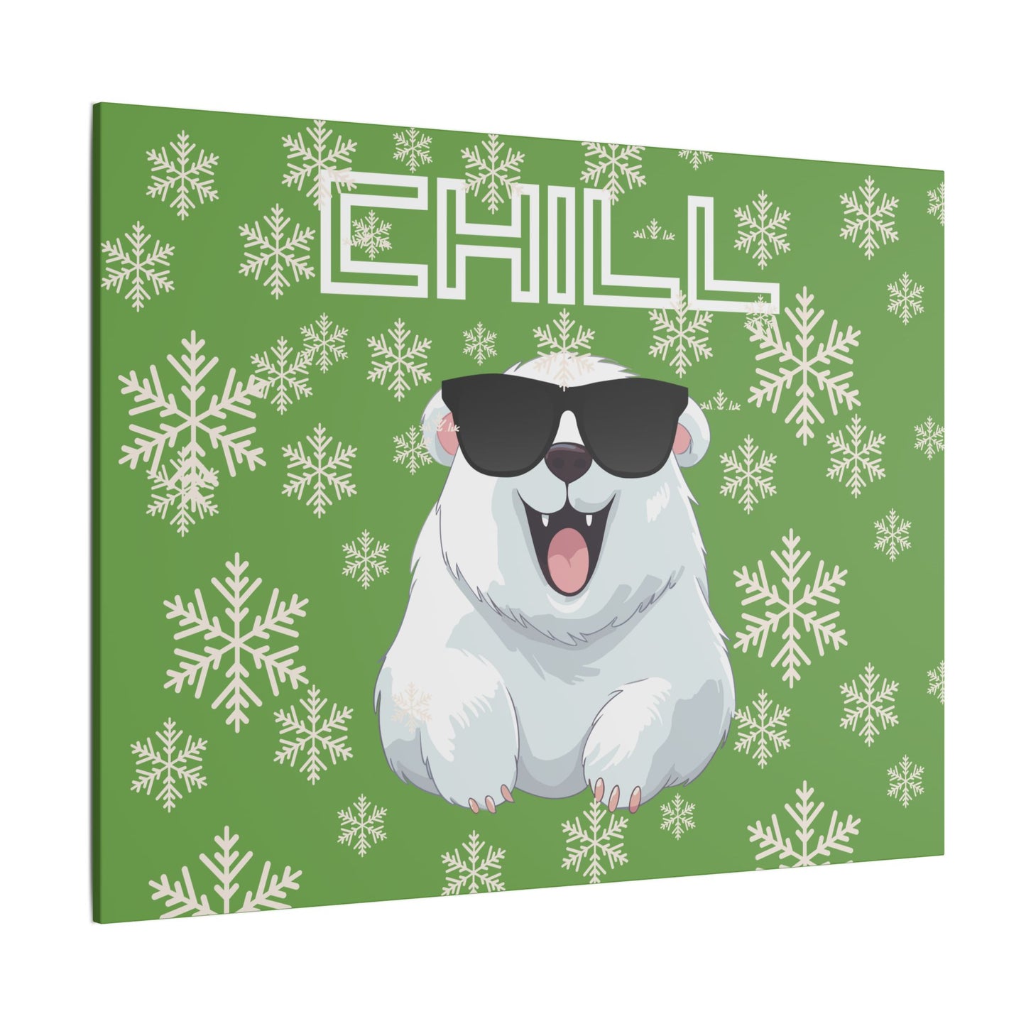 Chill, Polar Bear, Matte Canvas, Stretched 0.75", wall art, snowflakes - green